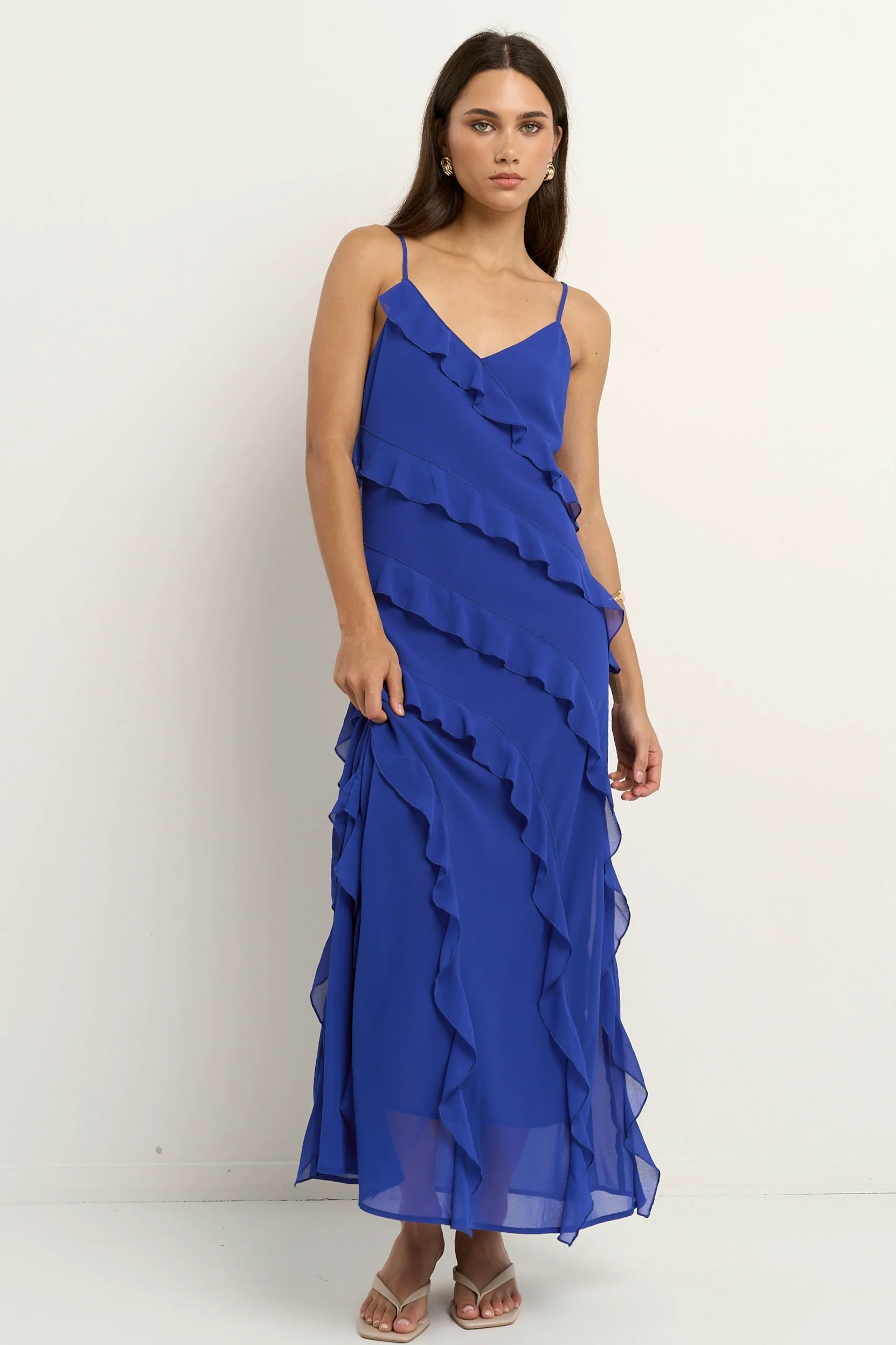 Galore Electric Blue Bias Ruffle Slip Maxi Dress - Image 5
