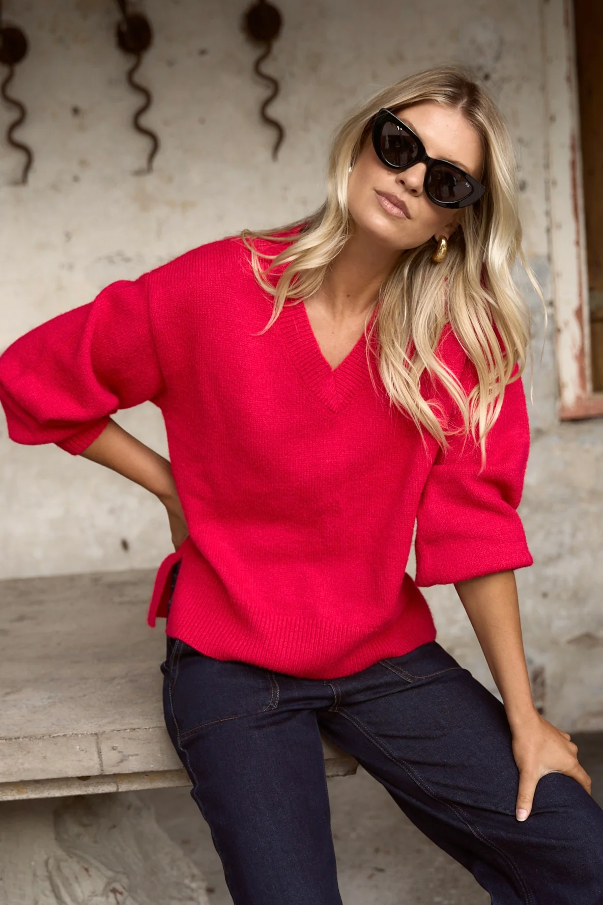 Harvest Red V Neck Knit Jumper - Image 2
