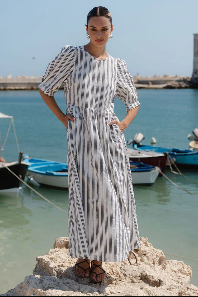 Hemisphere Ivory Black Stripe Cotton Short Sleeve Relaxed Midi Dress