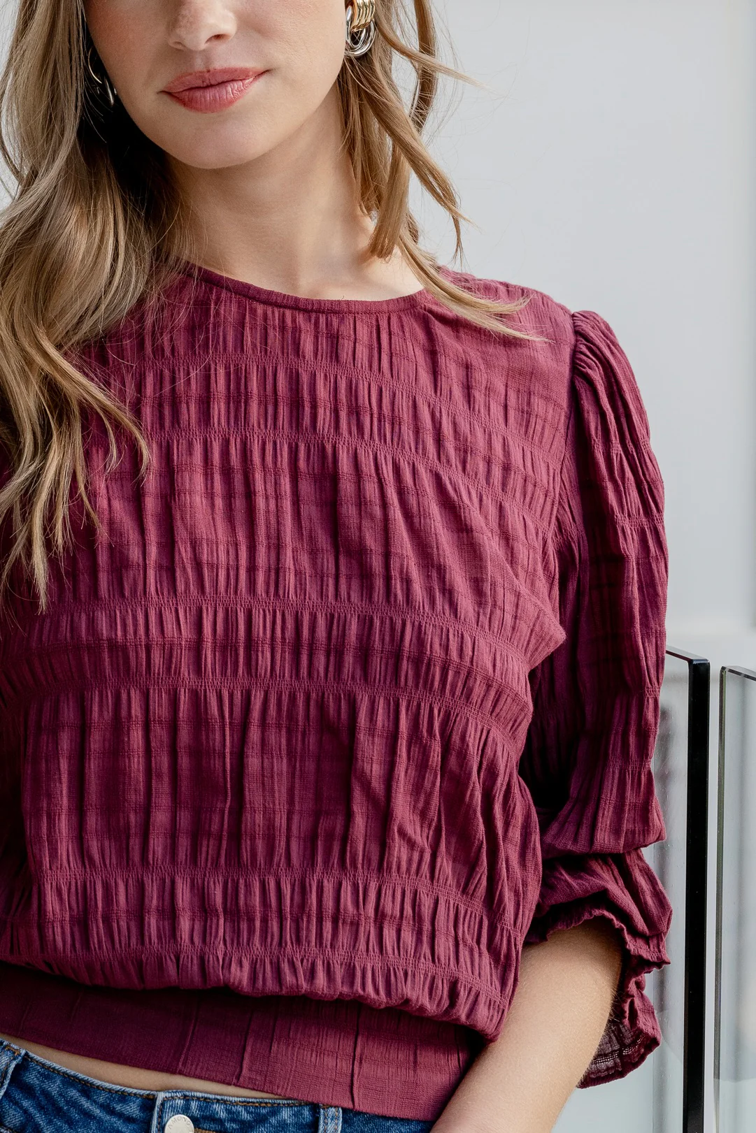 Imagine Burgundy Shirred Cotton Frill Sleeve LS Top - Image 2