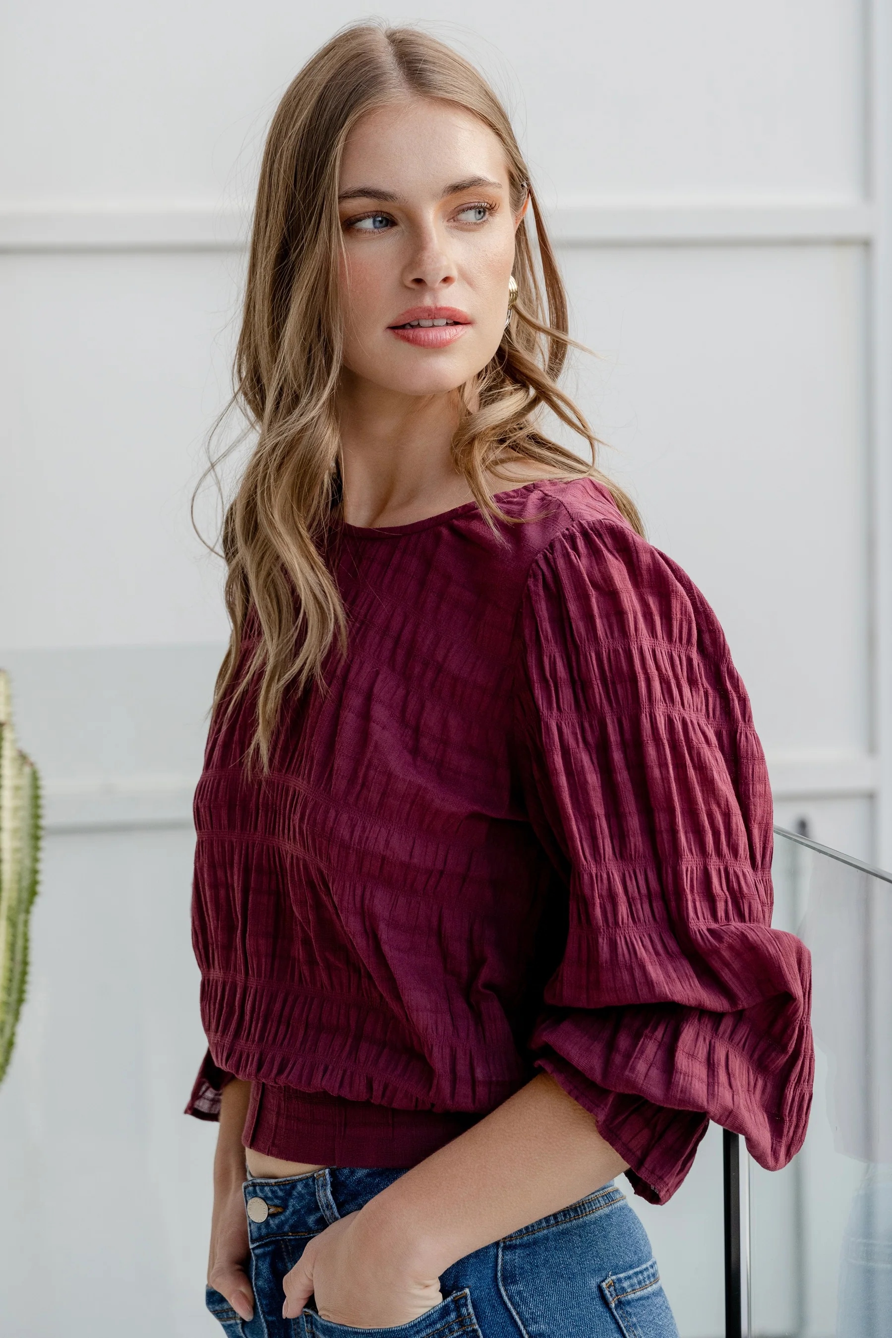 Imagine Burgundy Shirred Cotton Frill Sleeve LS Top - Image 3