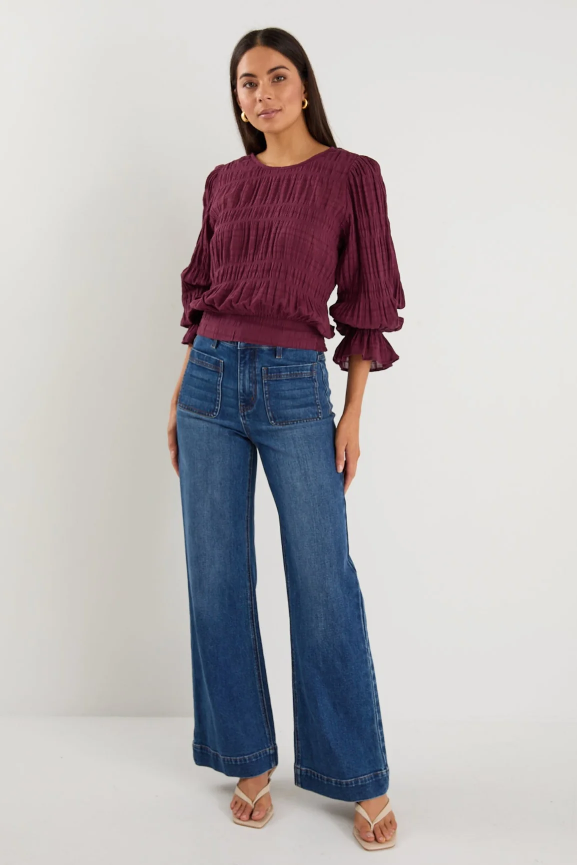 Imagine Burgundy Shirred Cotton Frill Sleeve LS Top - Image 4