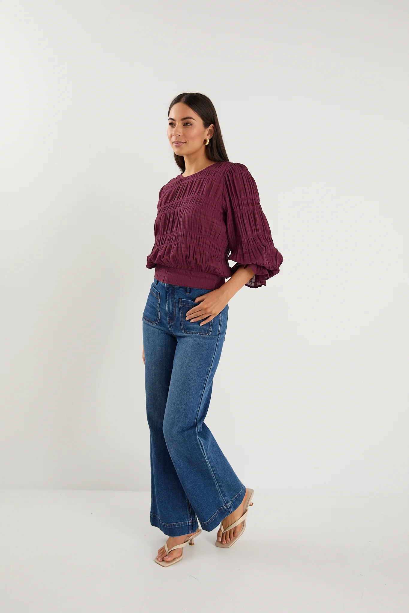 Imagine Burgundy Shirred Cotton Frill Sleeve LS Top - Image 5