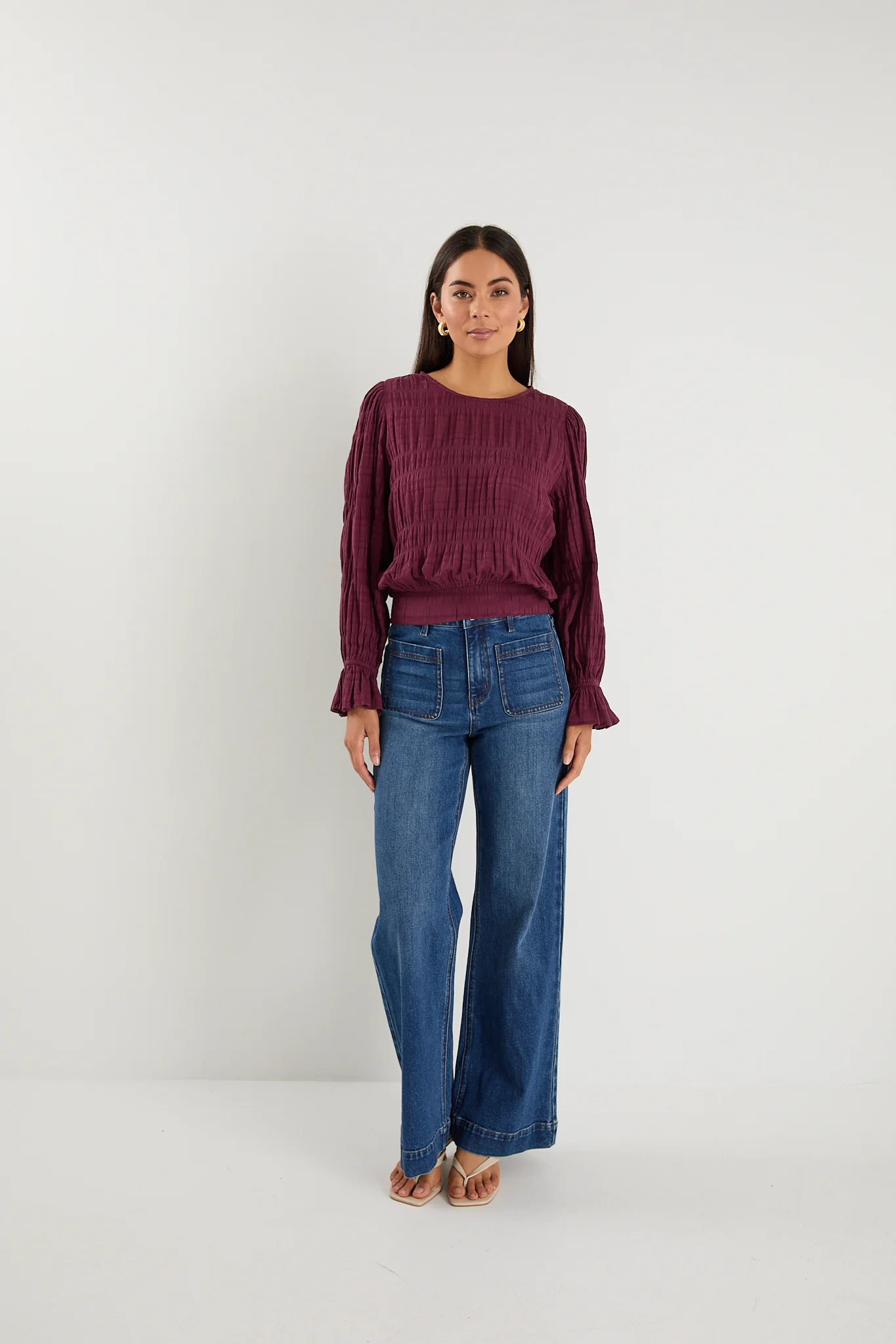 Imagine Burgundy Shirred Cotton Frill Sleeve LS Top - Image 6