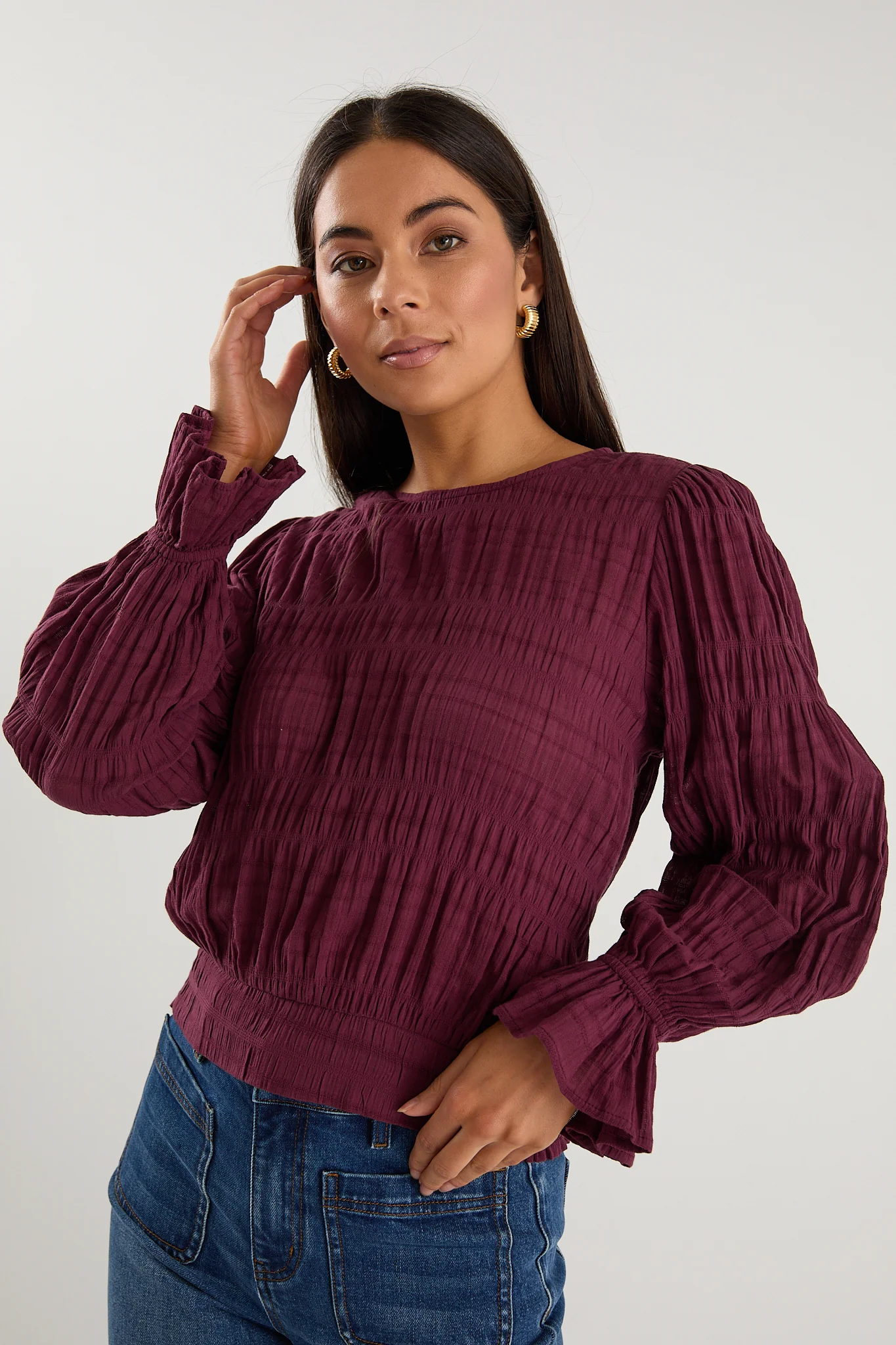 Imagine Burgundy Shirred Cotton Frill Sleeve LS Top - Image 7