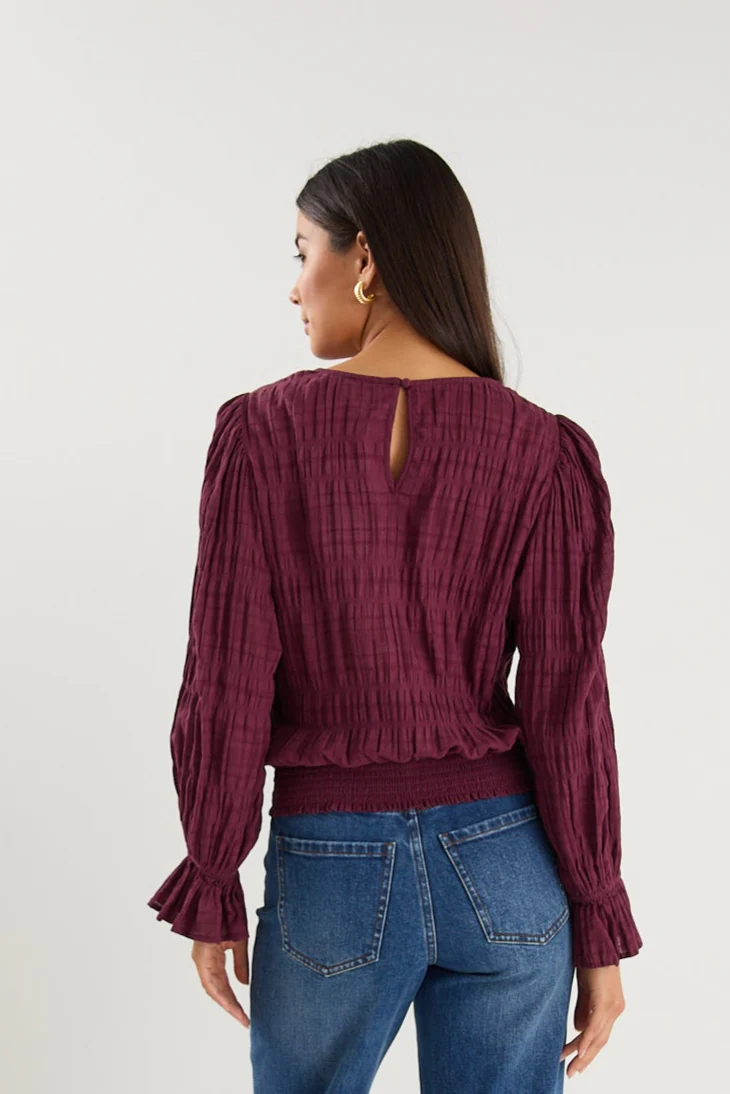 Imagine Burgundy Shirred Cotton Frill Sleeve LS Top - Image 8