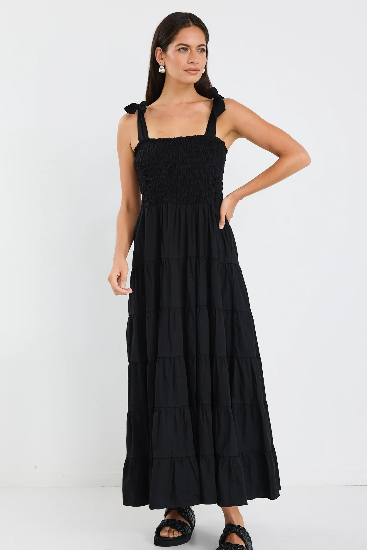 Isabella Black Cotton Poplin Strappy Tiered Maxi Dress - Image 4