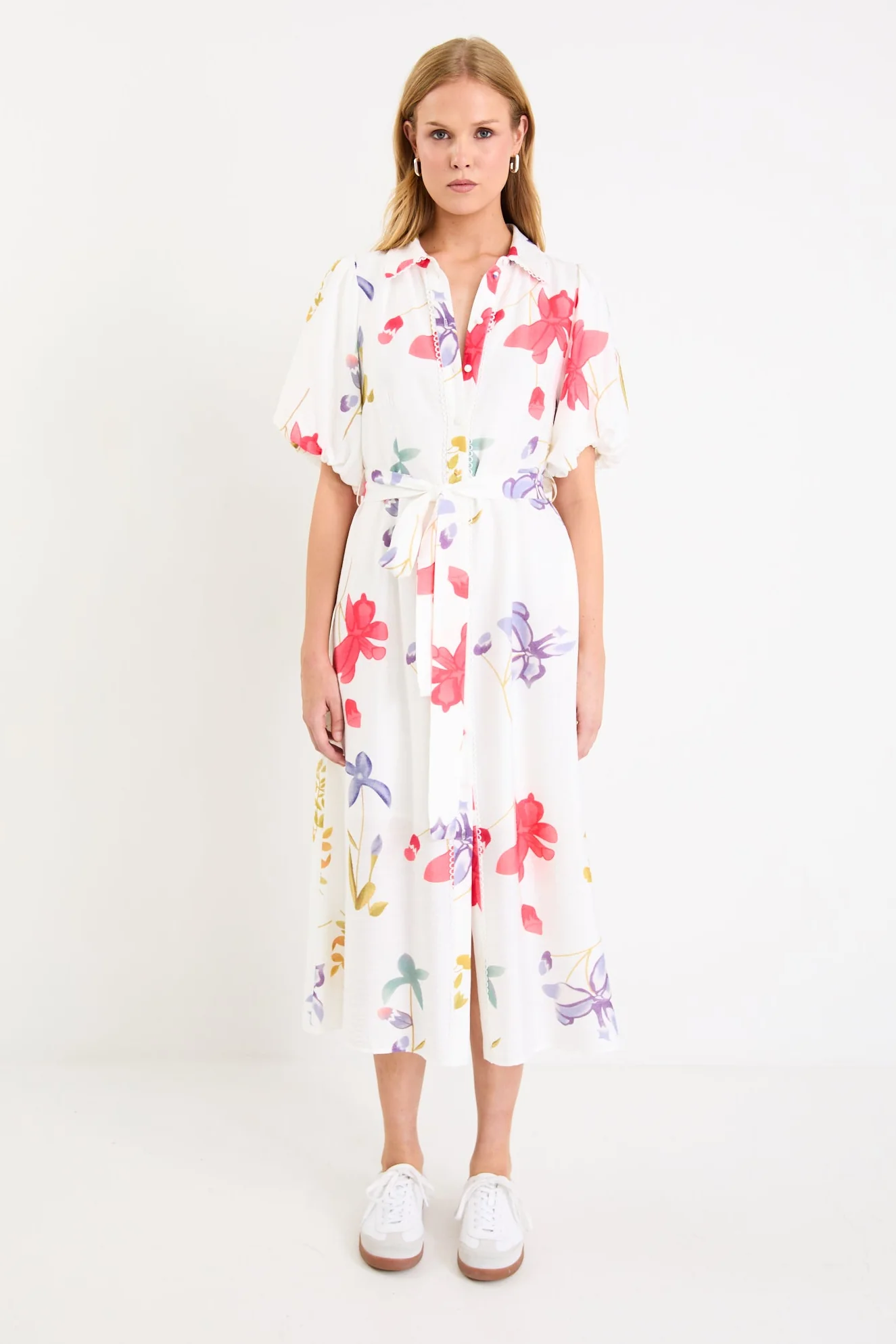 Jasmine Cream Poppy Floral Puff Sleeve Long Shirt Dress - Image 2