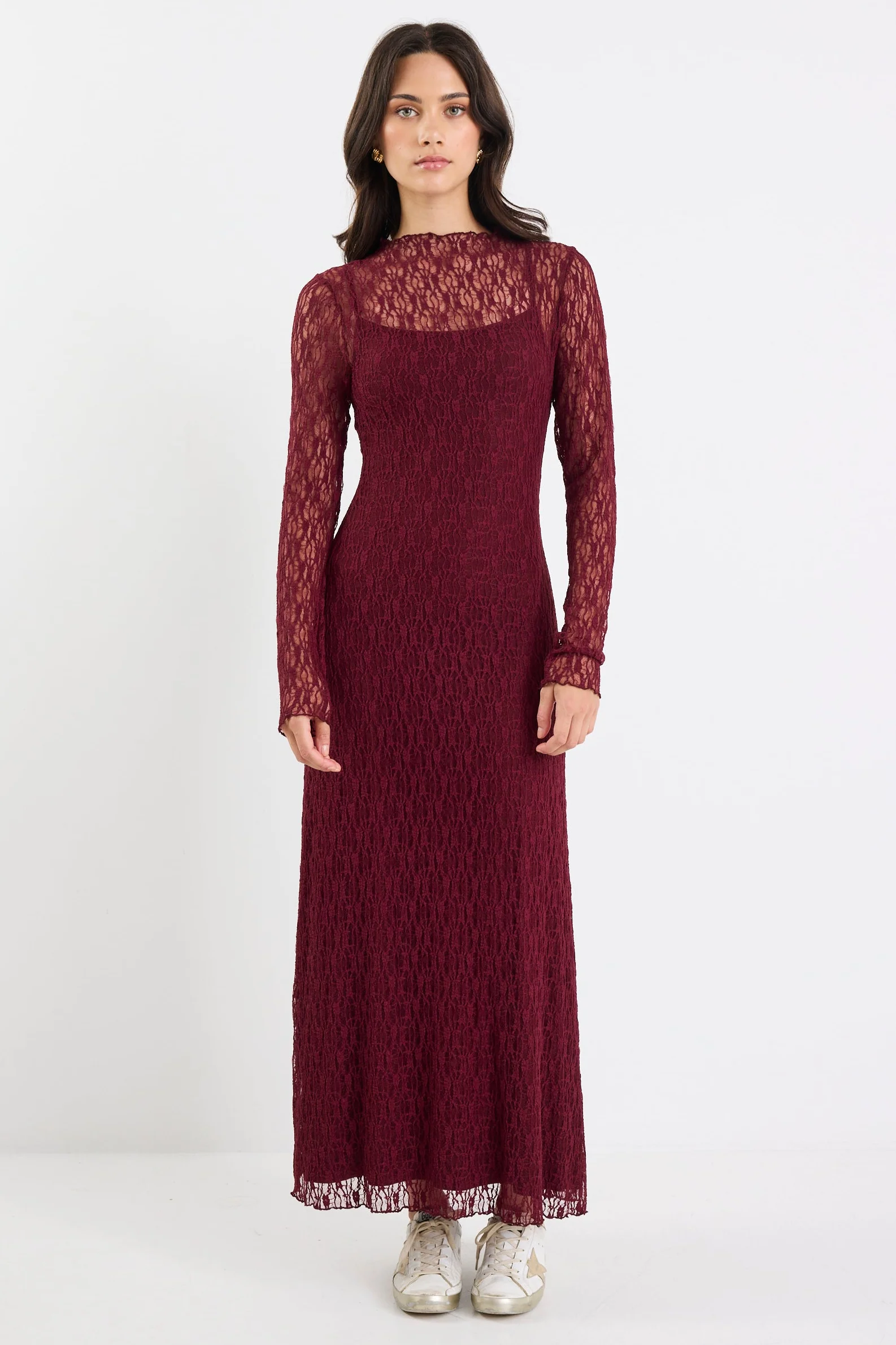 Keepsake Burgundy Lace Long Sleeve Maxi Dress