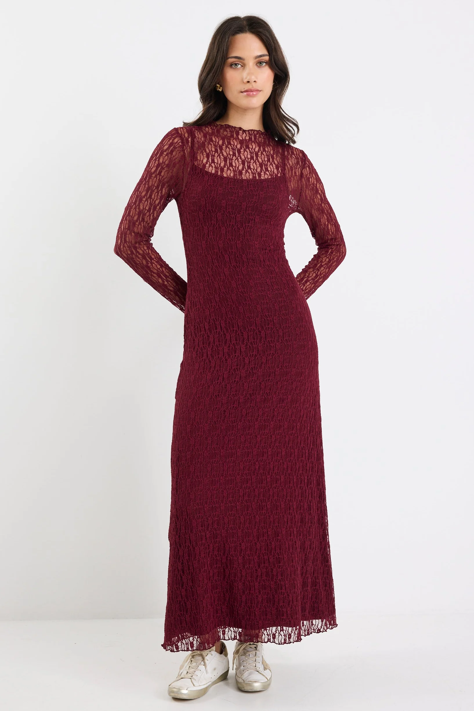 Keepsake Burgundy Lace Long Sleeve Maxi Dress - Image 2