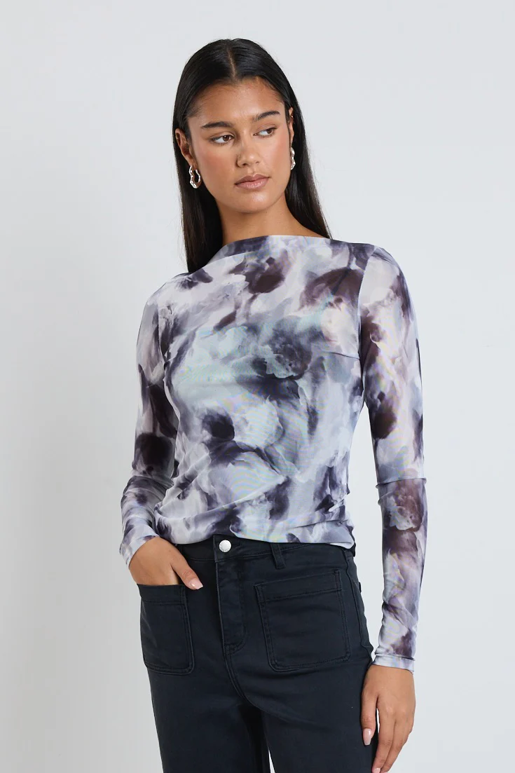 Light Charcoal Smudge Mesh Boatneck Top