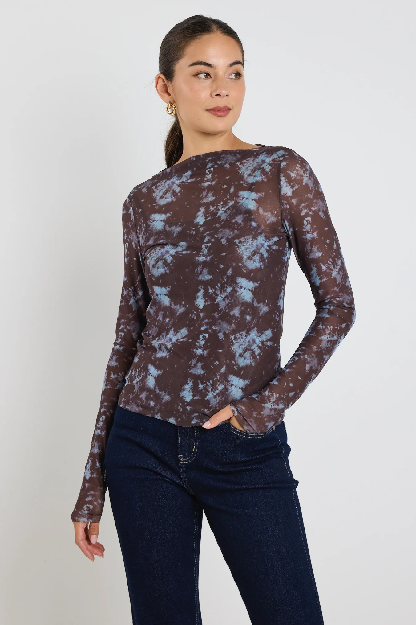 Light Chocolate Tie Dye Mesh Boatneck Top - Image 3