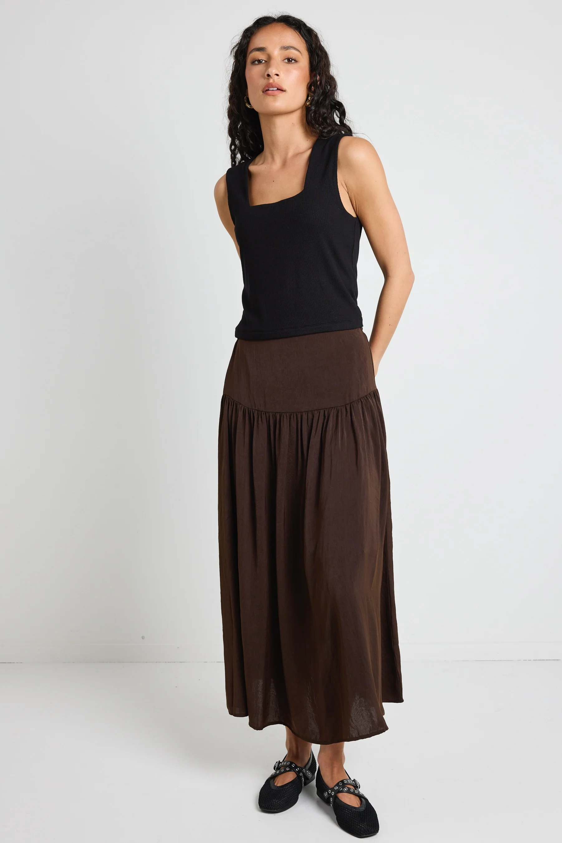 Lupe Espresso Hammered Satin Midi Skirt