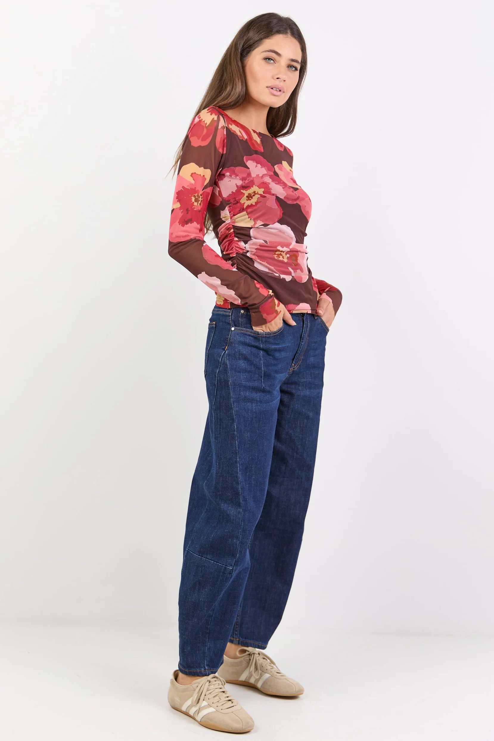 Magnitude Chocolate Red Floral Mesh Long Sleeve Mesh Top - Image 2