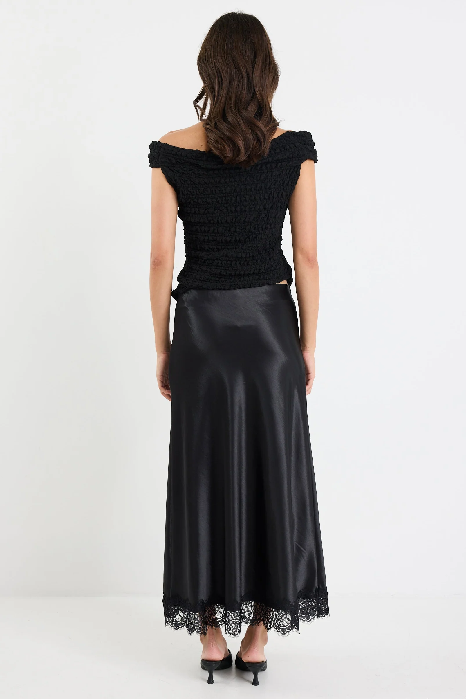Margarita Black Satin Lace Trim Bias Maxi Skirt - Image 5