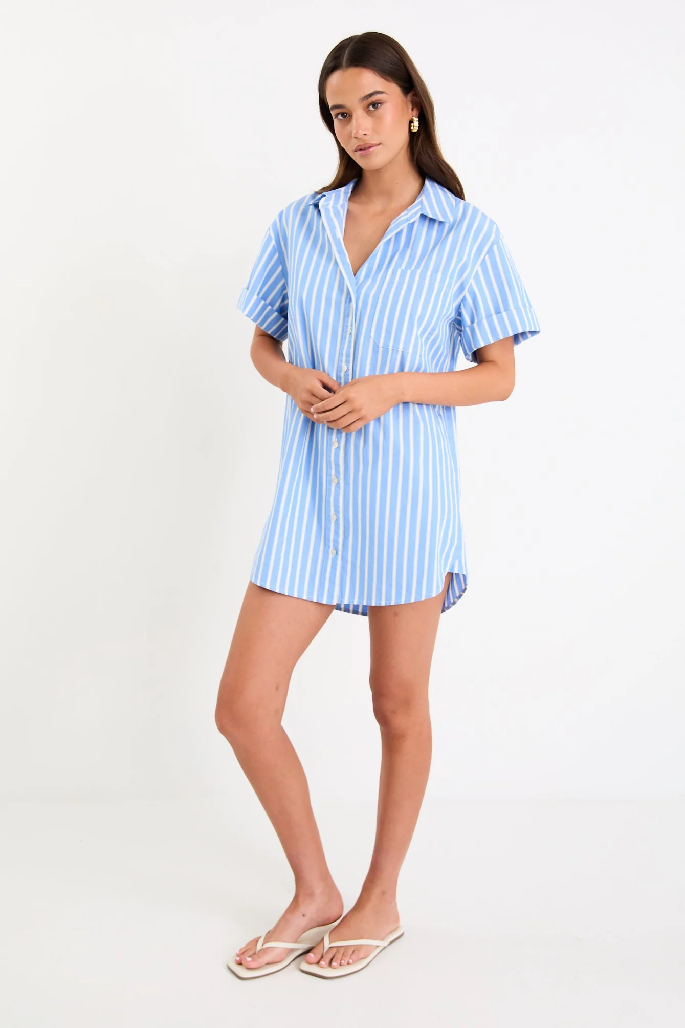 Mykonos Blue Stripe Short Sleeves Mini Shirt Dress - Image 2