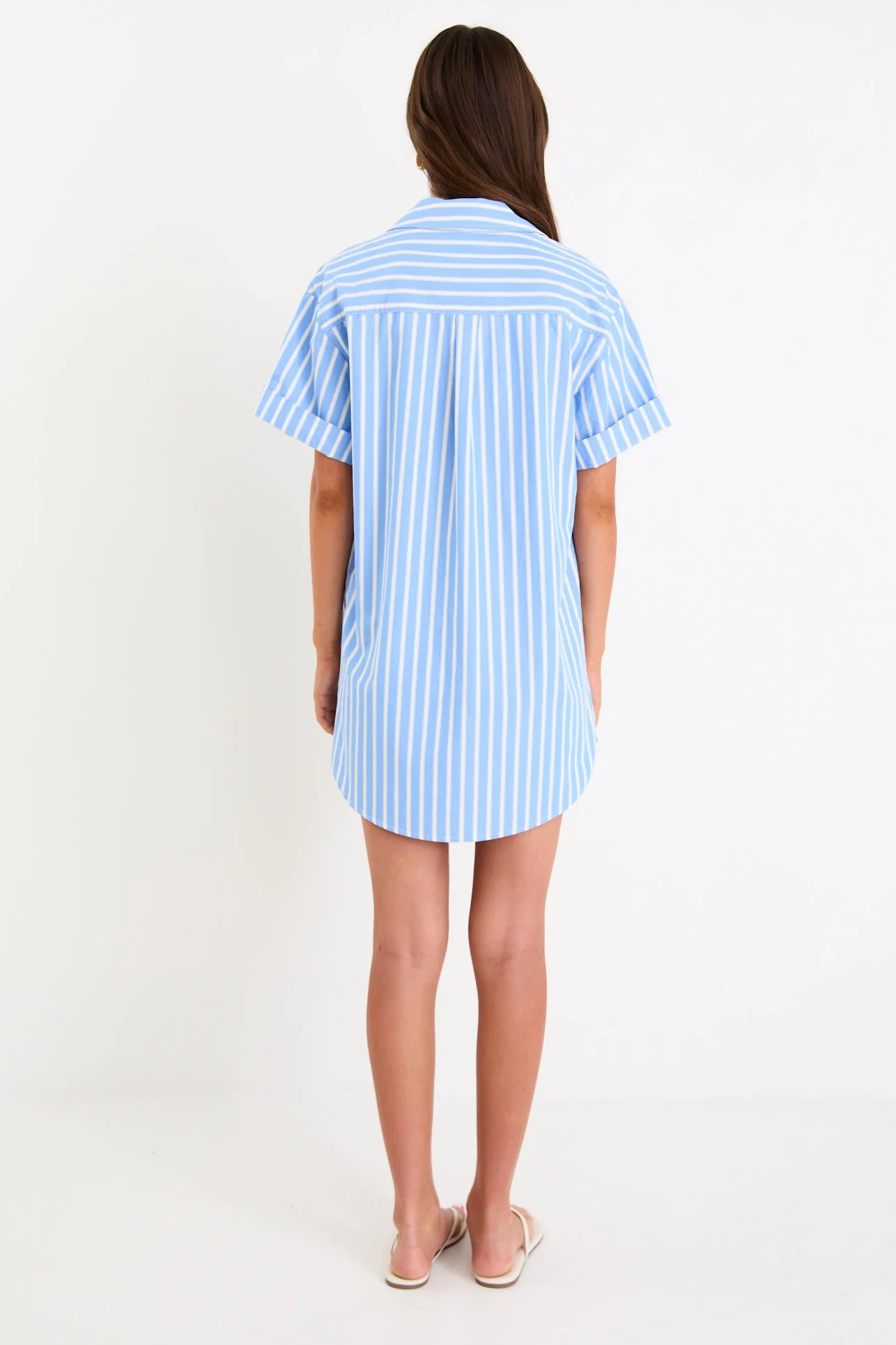 Mykonos Blue Stripe Short Sleeves Mini Shirt Dress - Image 5