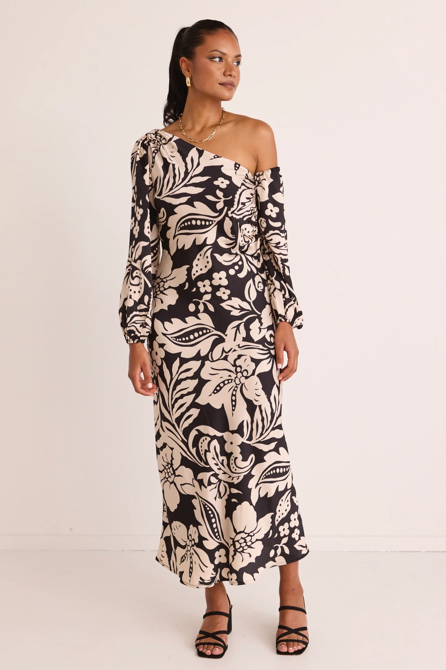 Mythical Black Baroque One Shoulder LS Midi Dress - Image 2