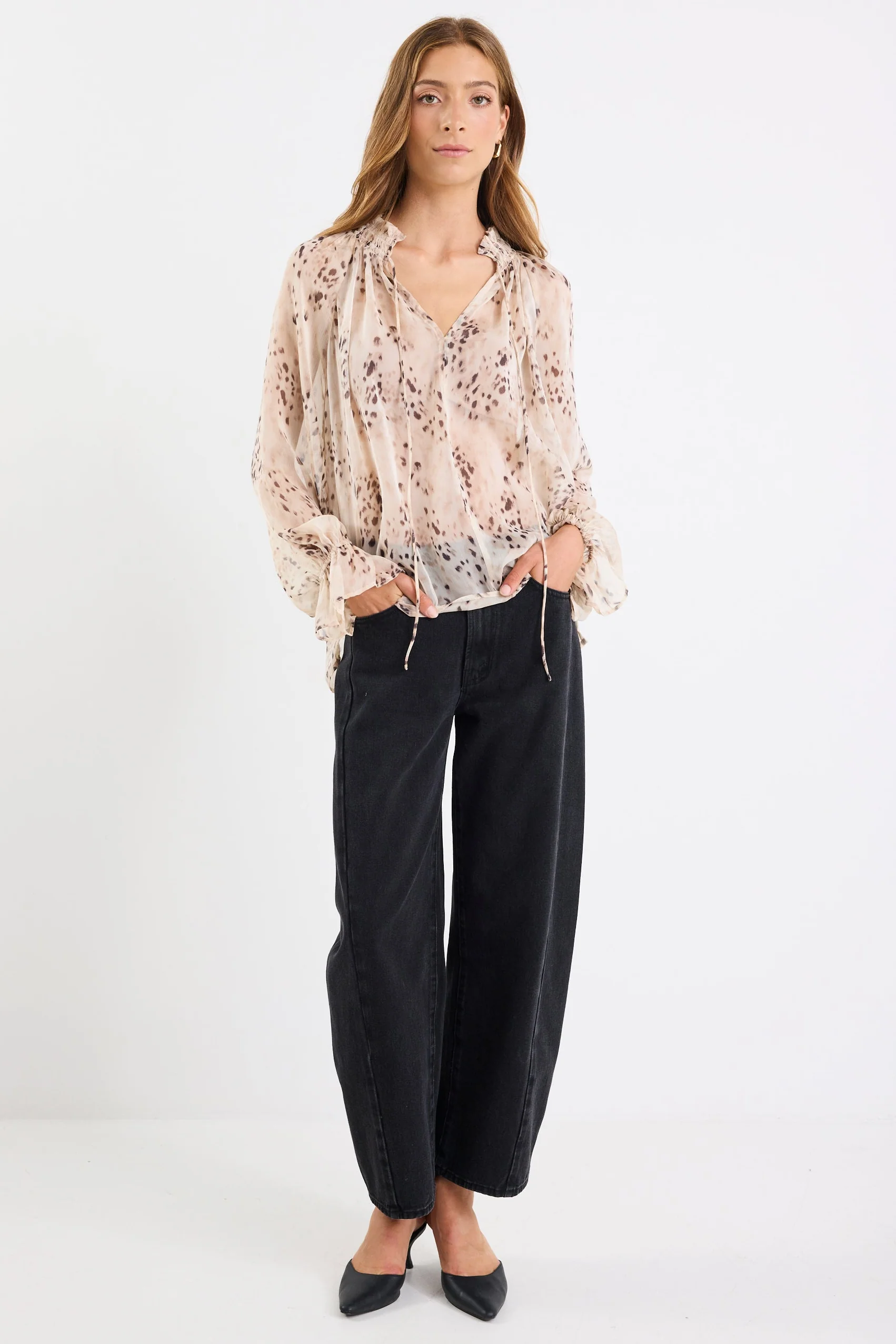Odyssey Beige Leopard Georgette Shirred Neck LS Top - Image 3