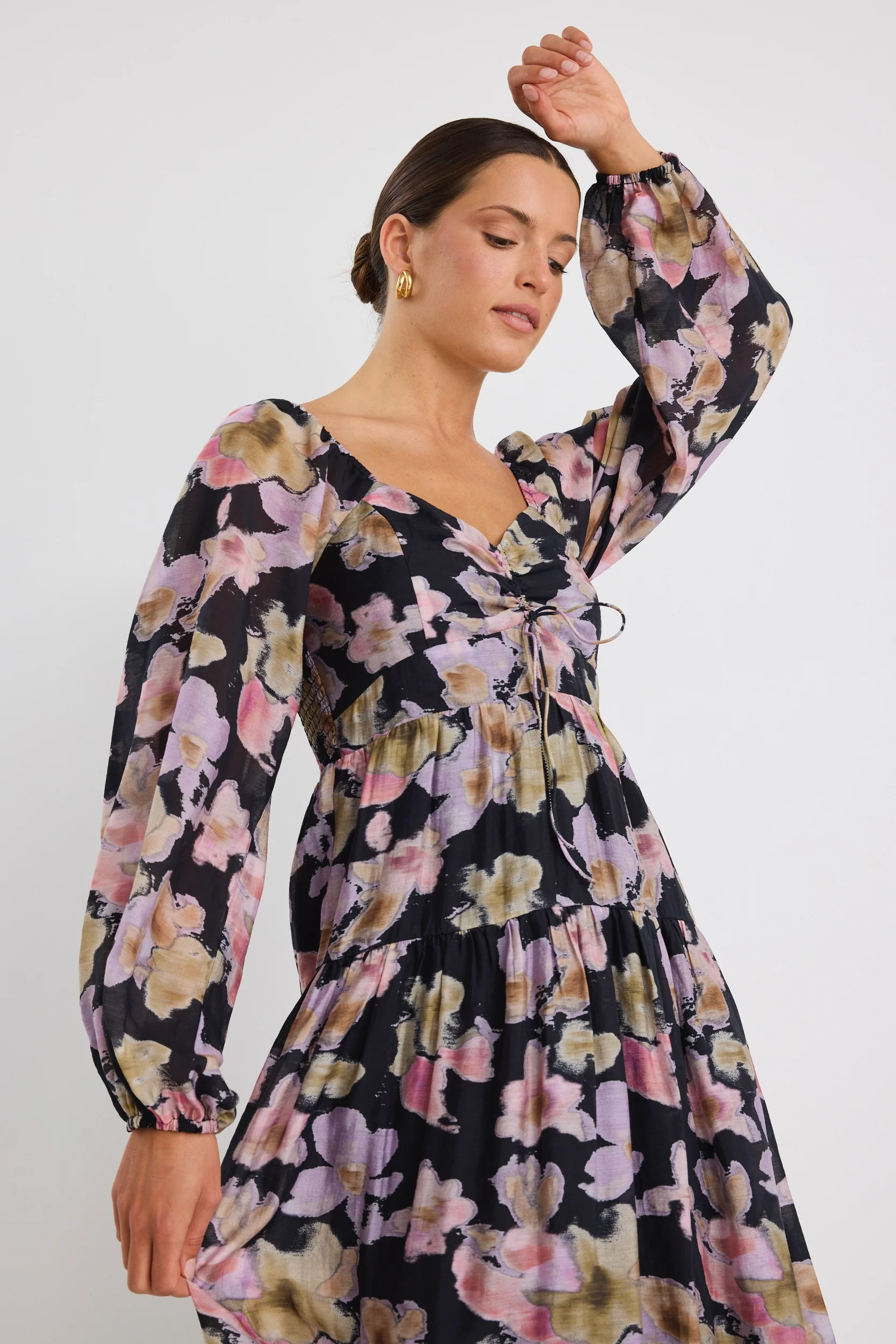 Ornelle Black Pressed Flower LS Tiered Maxi Dress - Image 3