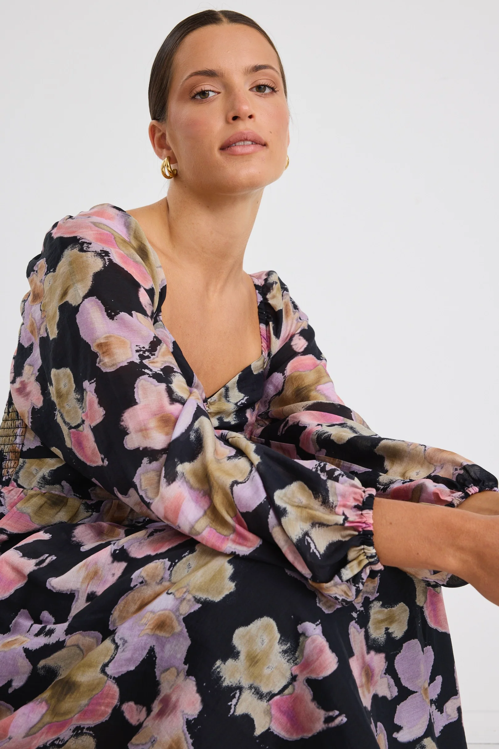 Ornelle Black Pressed Flower LS Tiered Maxi Dress - Image 4
