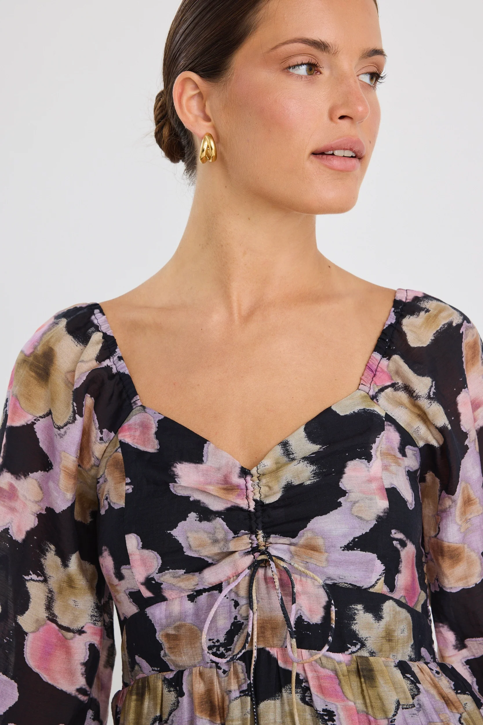 Ornelle Black Pressed Flower LS Tiered Maxi Dress - Image 5