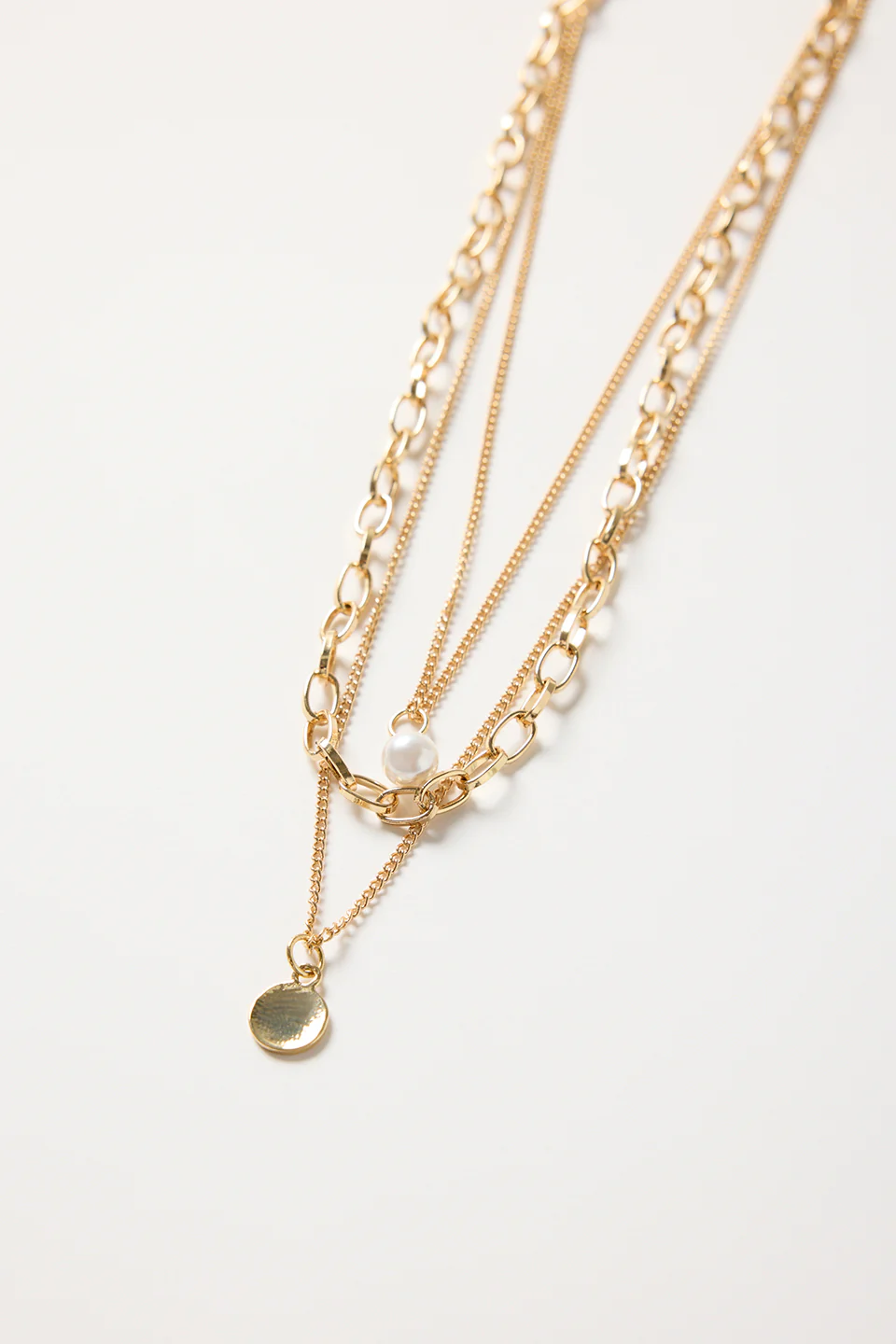 Paperclip + Pearl Triple Gold Chain Necklace