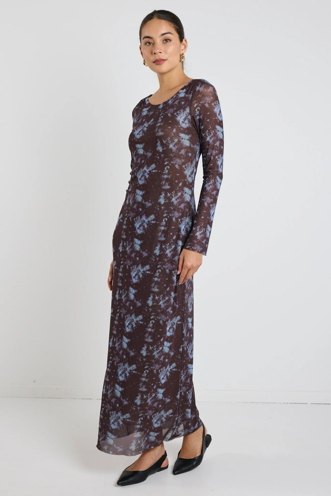 Promenade Chocolate Tie Dye Mesh Long Sleeve Midi Dress - Image 5