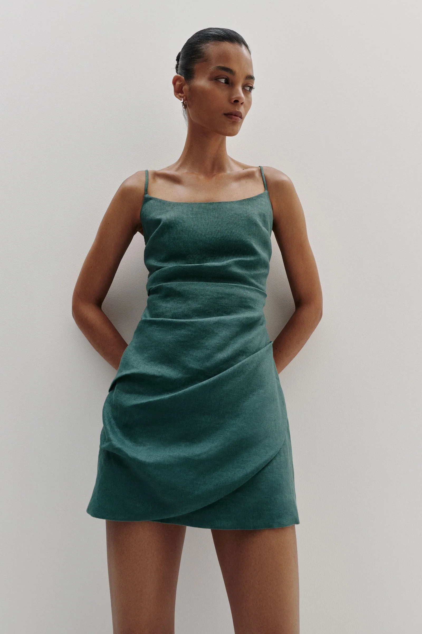 Rani Emerald Strappy Linen Mini Dress