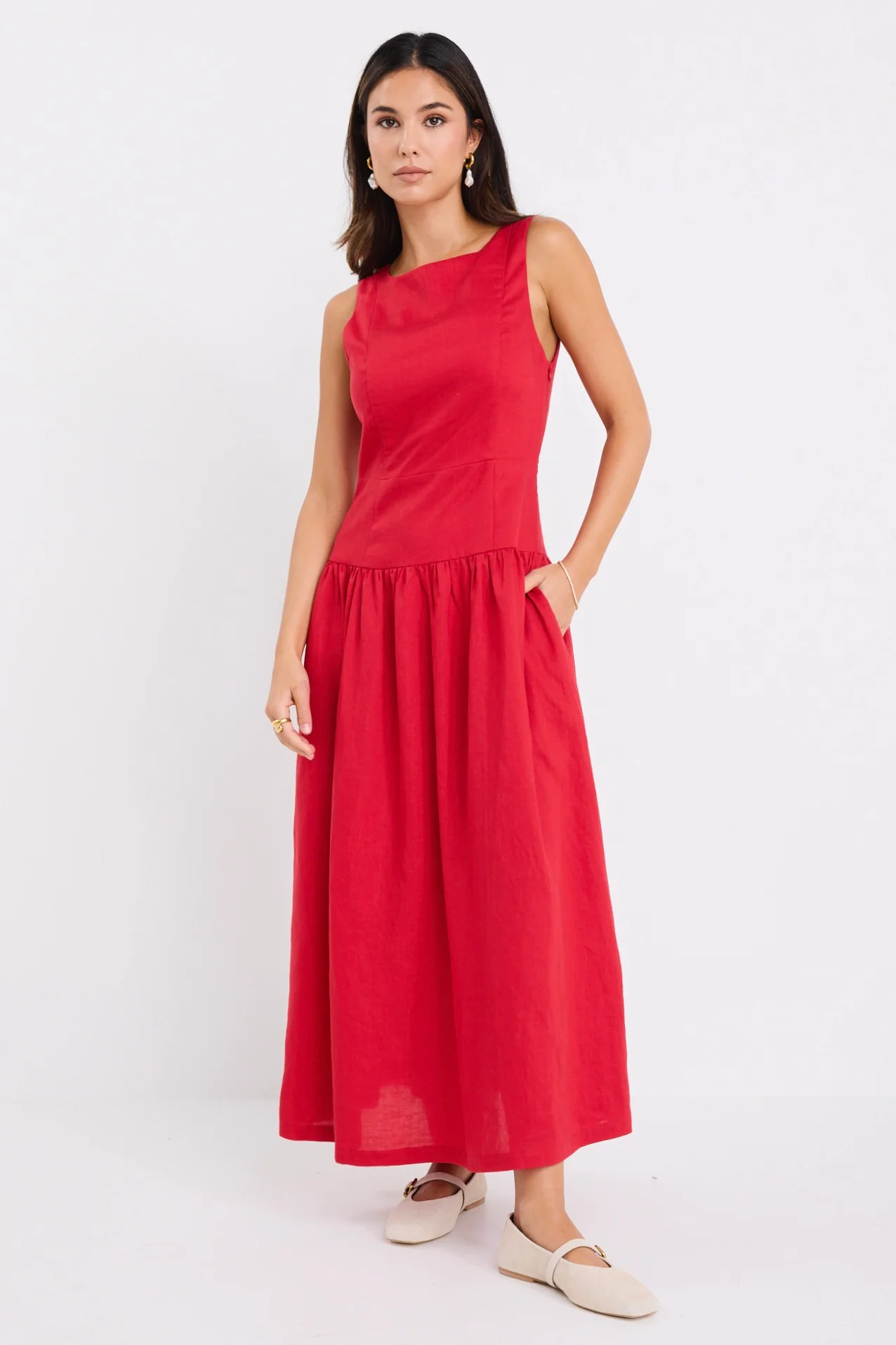Results Red Linen Blend Structured Sleeveless Maxi Dress - Image 3