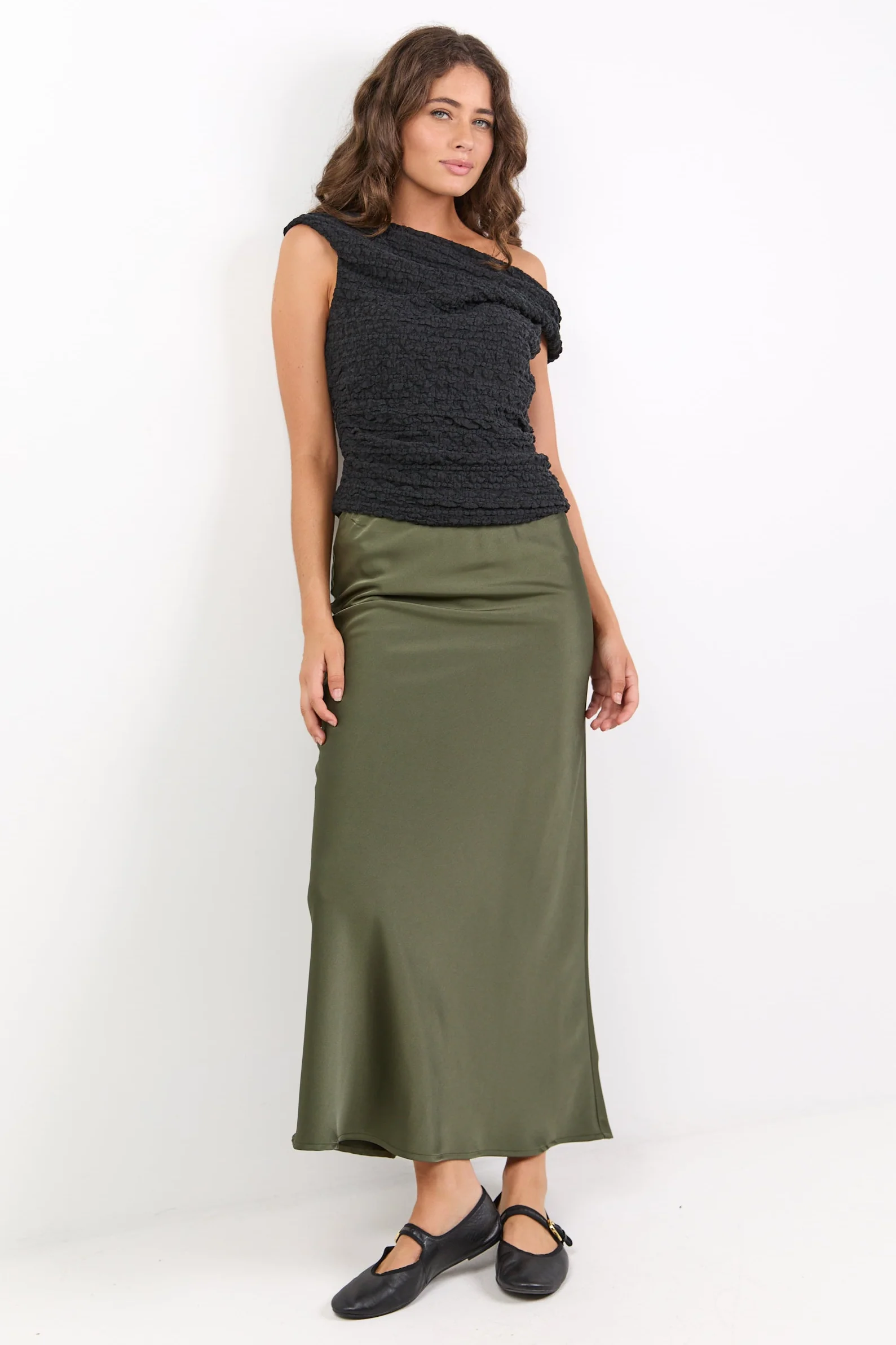 Rosette Khaki Satin Bias Midi Skirt - Image 2