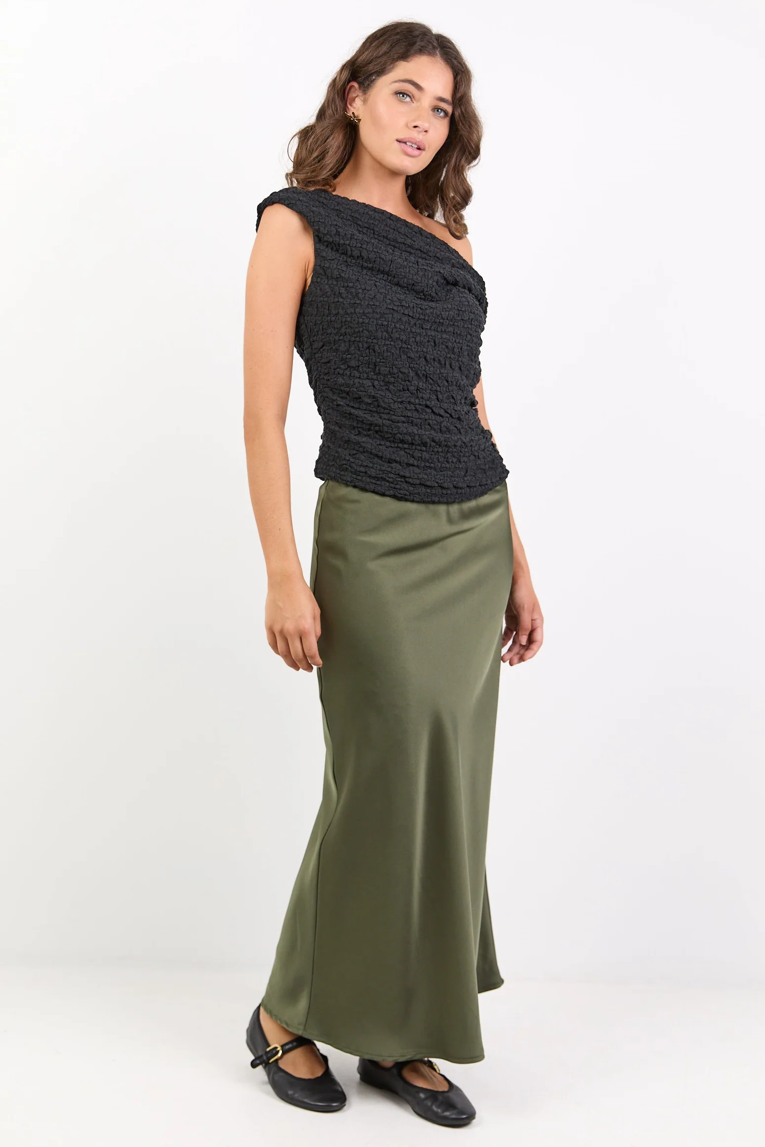 Rosette Khaki Satin Bias Midi Skirt - Image 3