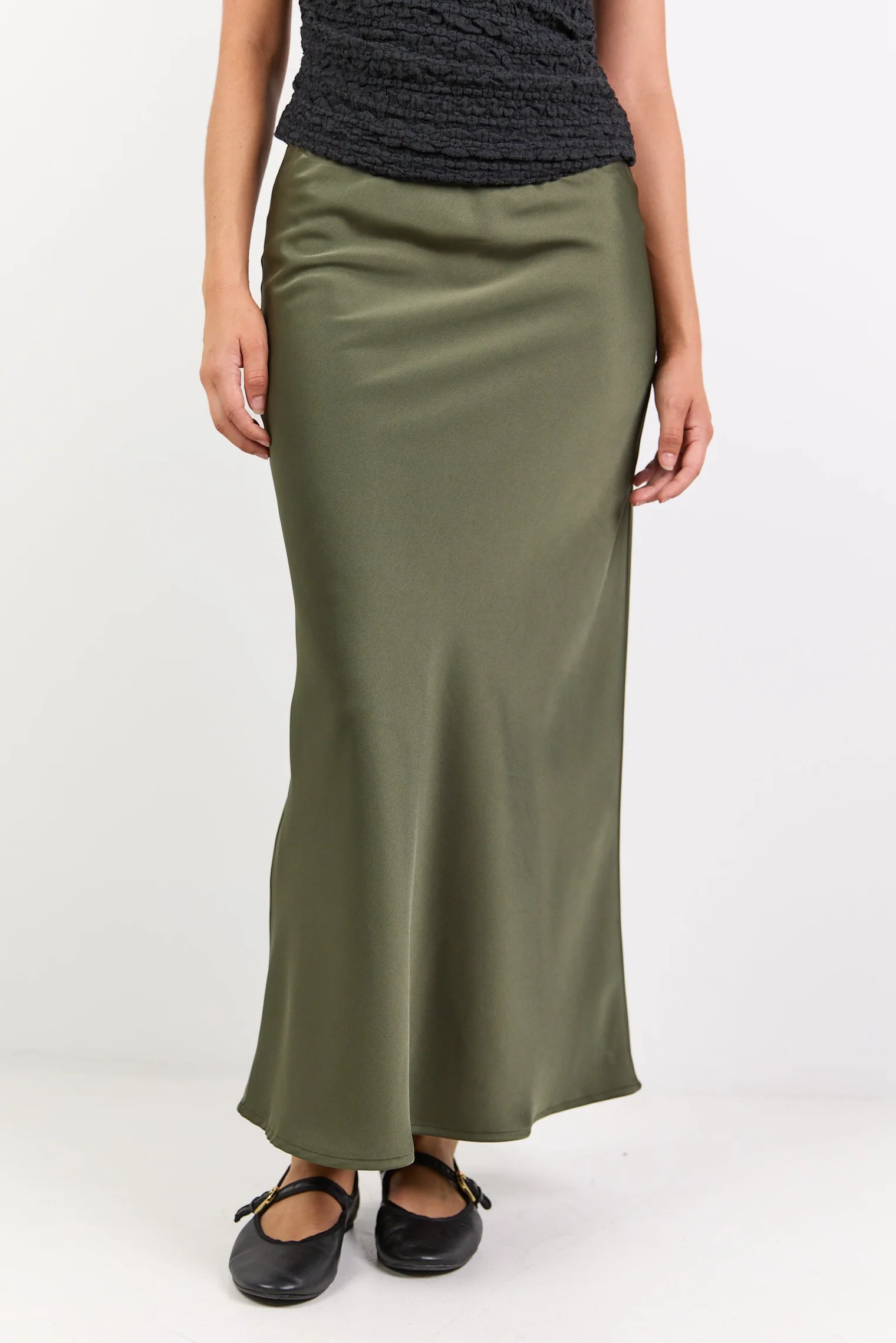 Rosette Khaki Satin Bias Midi Skirt - Image 4