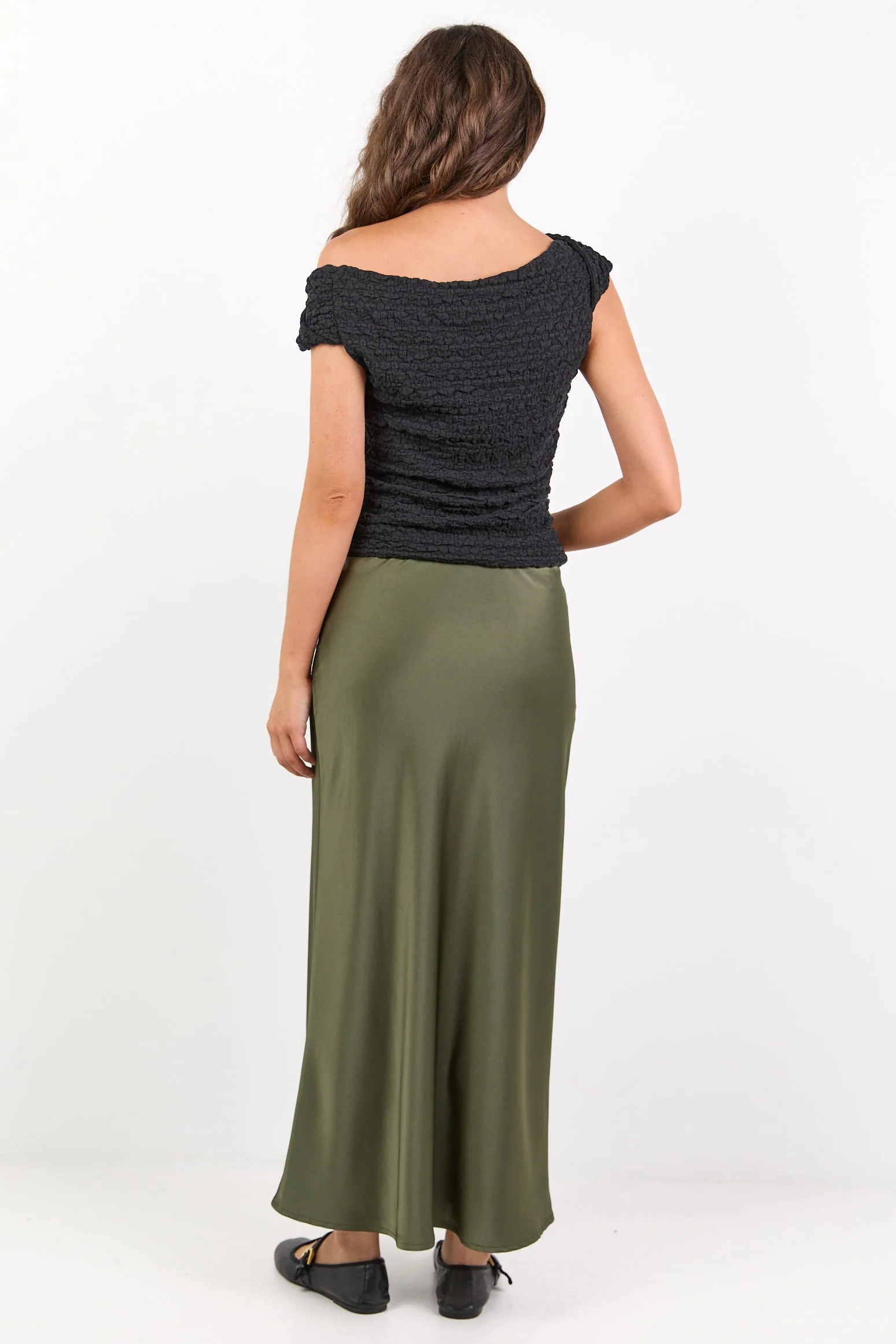 Rosette Khaki Satin Bias Midi Skirt - Image 5