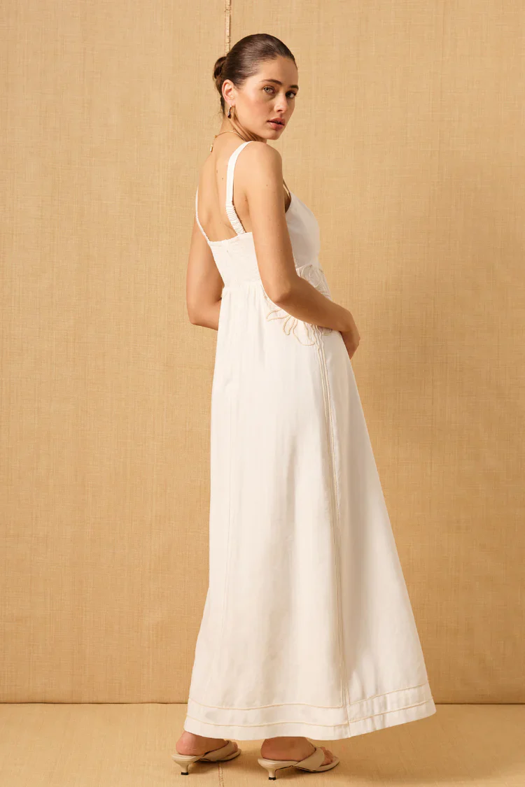 Scenic White Cotton Embroidered Strappy Maxi Dress - Image 2