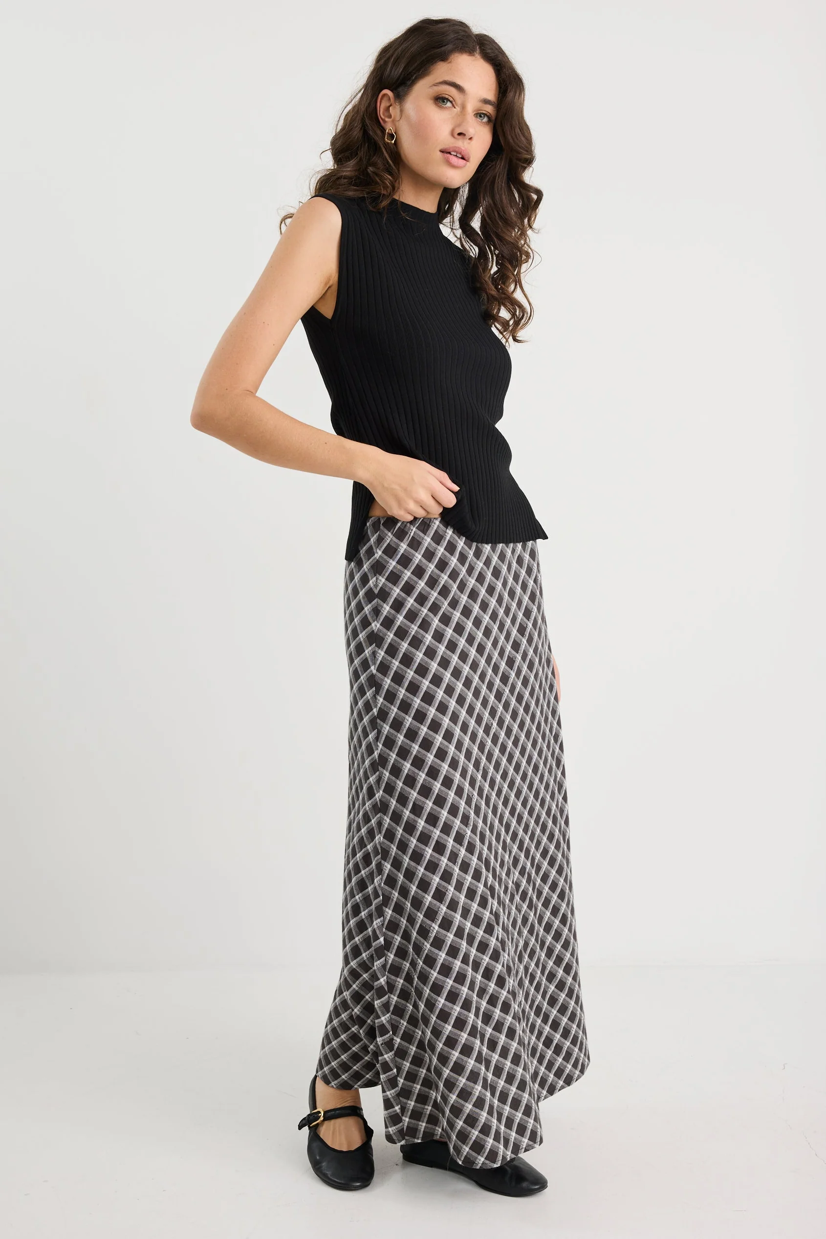 Soulmate Black White Check Bias Cut Midi Skirt - Image 2