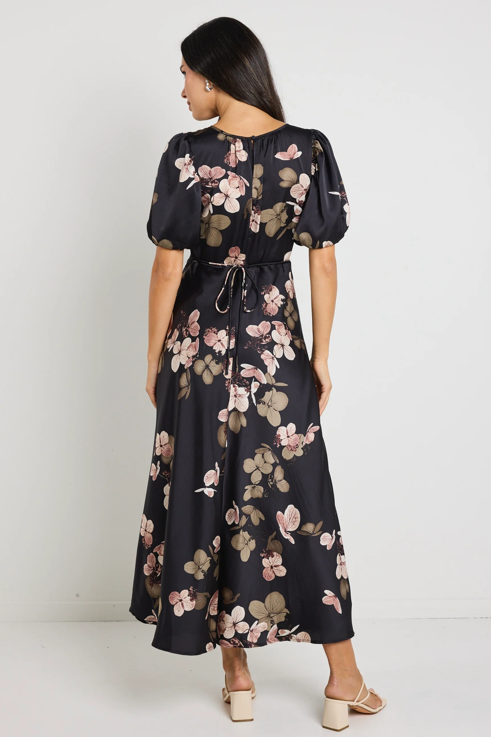 Stage Black Floral Satin Puff Sleeve Floaty Maxi Dress - Image 4