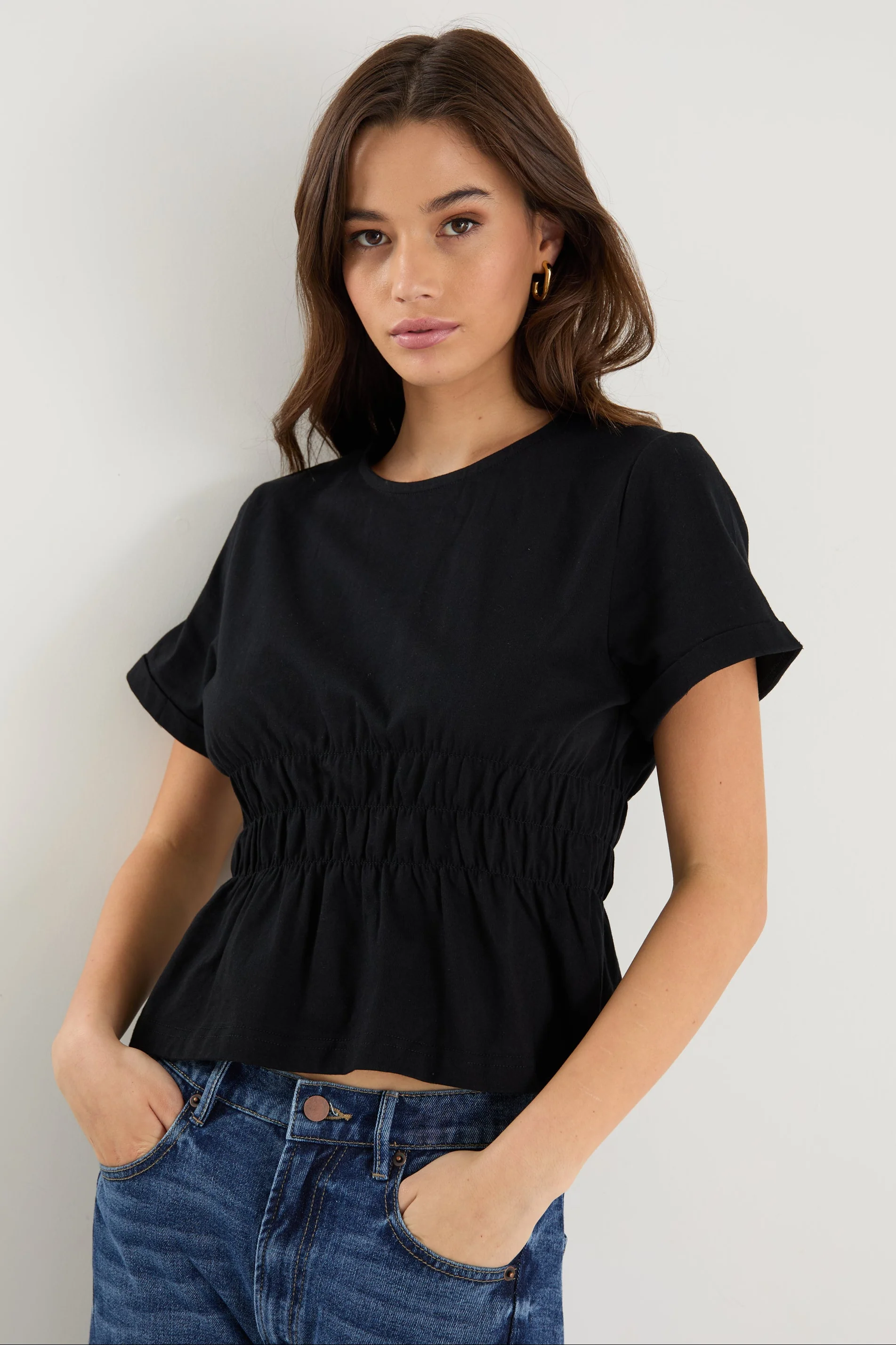 Svelte Black Shirred Detail SS Tee - Image 2