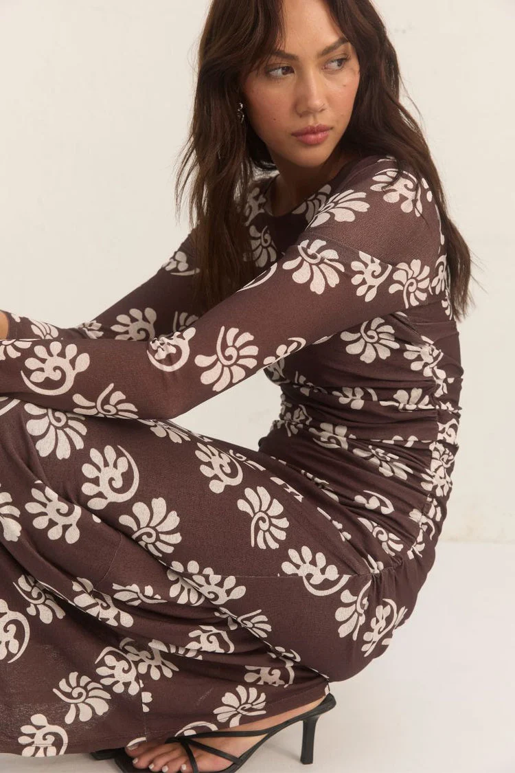 Toledo Chocolate Print Mesh LS Maxi Dress - Image 2