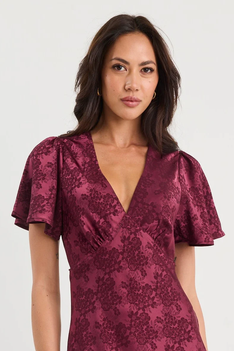 Tram Burgundy Jacquard Bias Flared Maxi Dress - Image 2