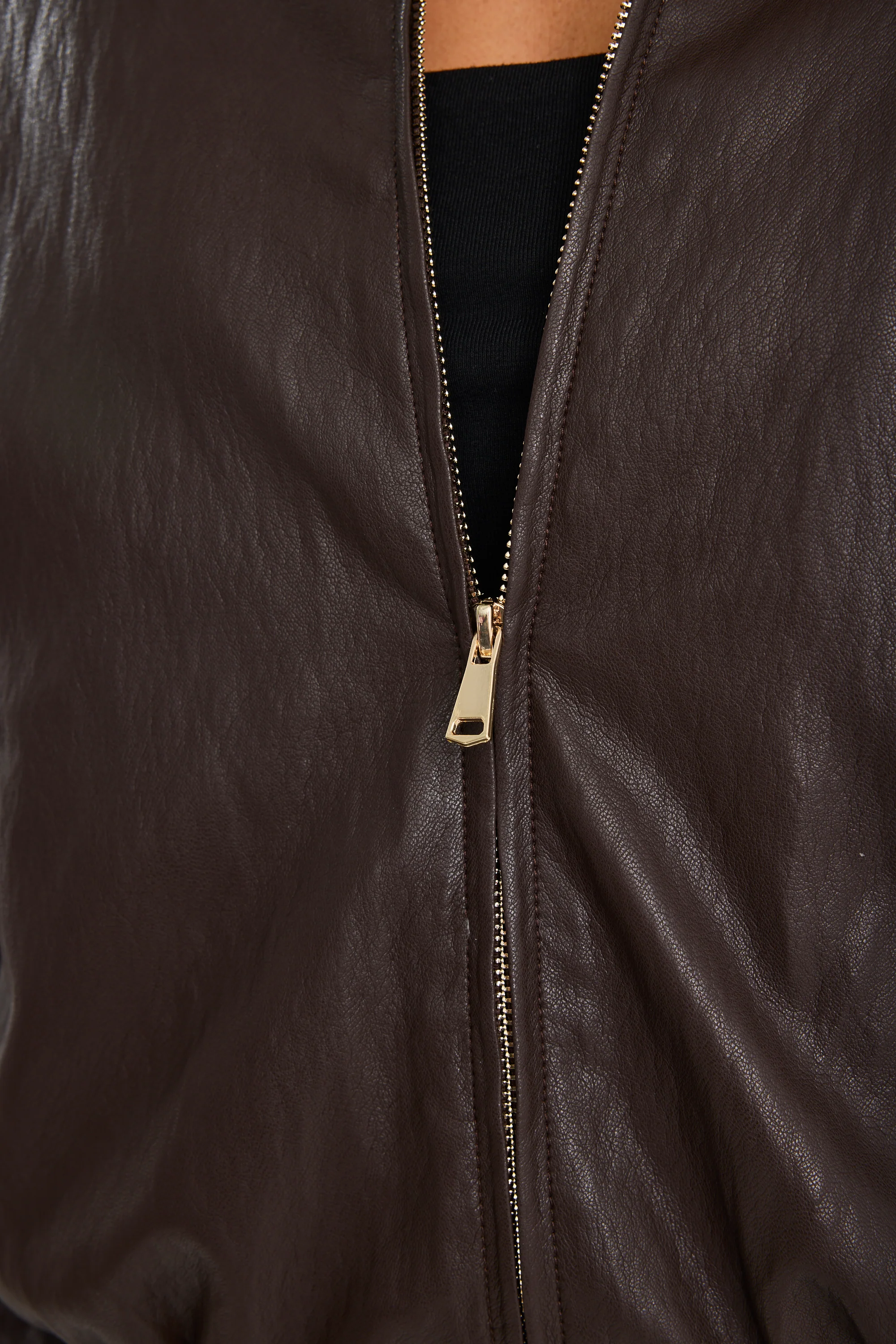 Troupe Chocolate PU Leather Zip Through Bubble Hem Bomber Jacket - Image 7