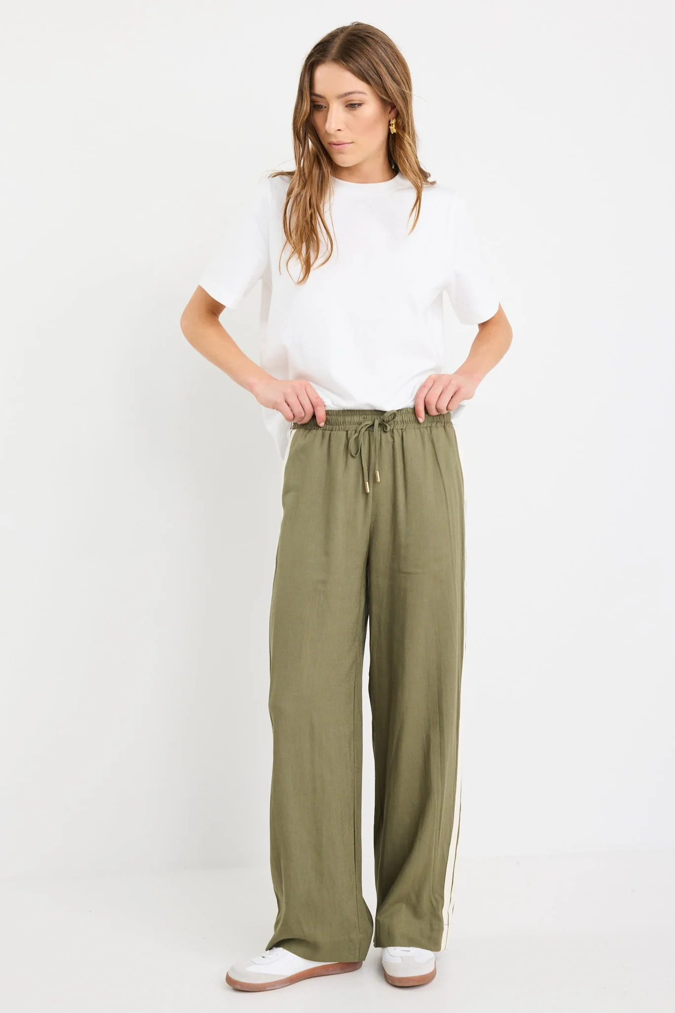 Vibe Khaki Linen Blend Jacquard Stripe Wide Leg Pants - Image 2