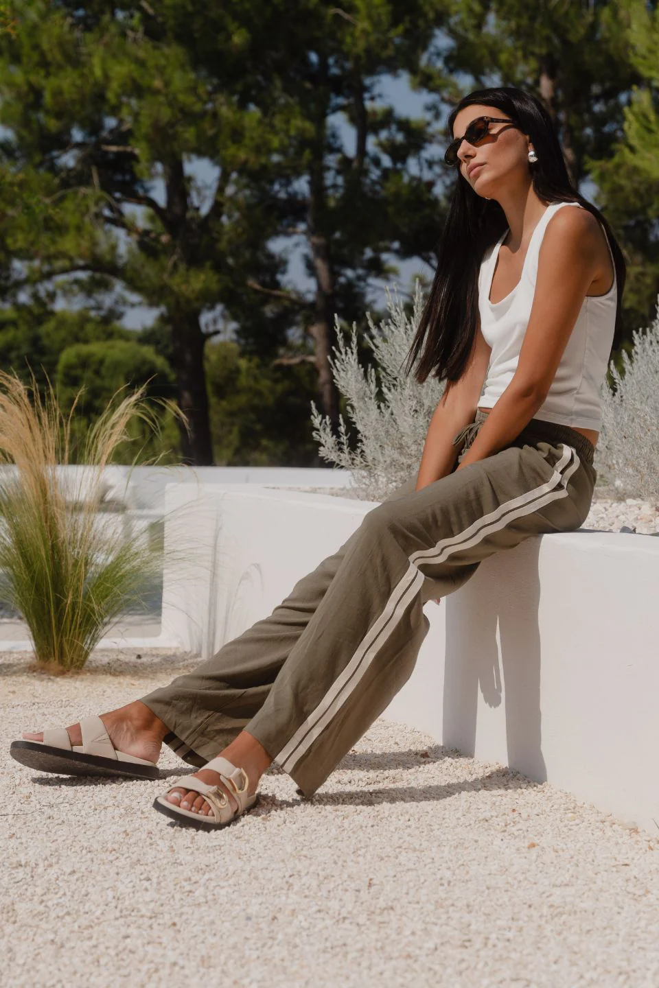 Vibe Khaki Linen Blend Jacquard Stripe Wide Leg Pants - Image 3