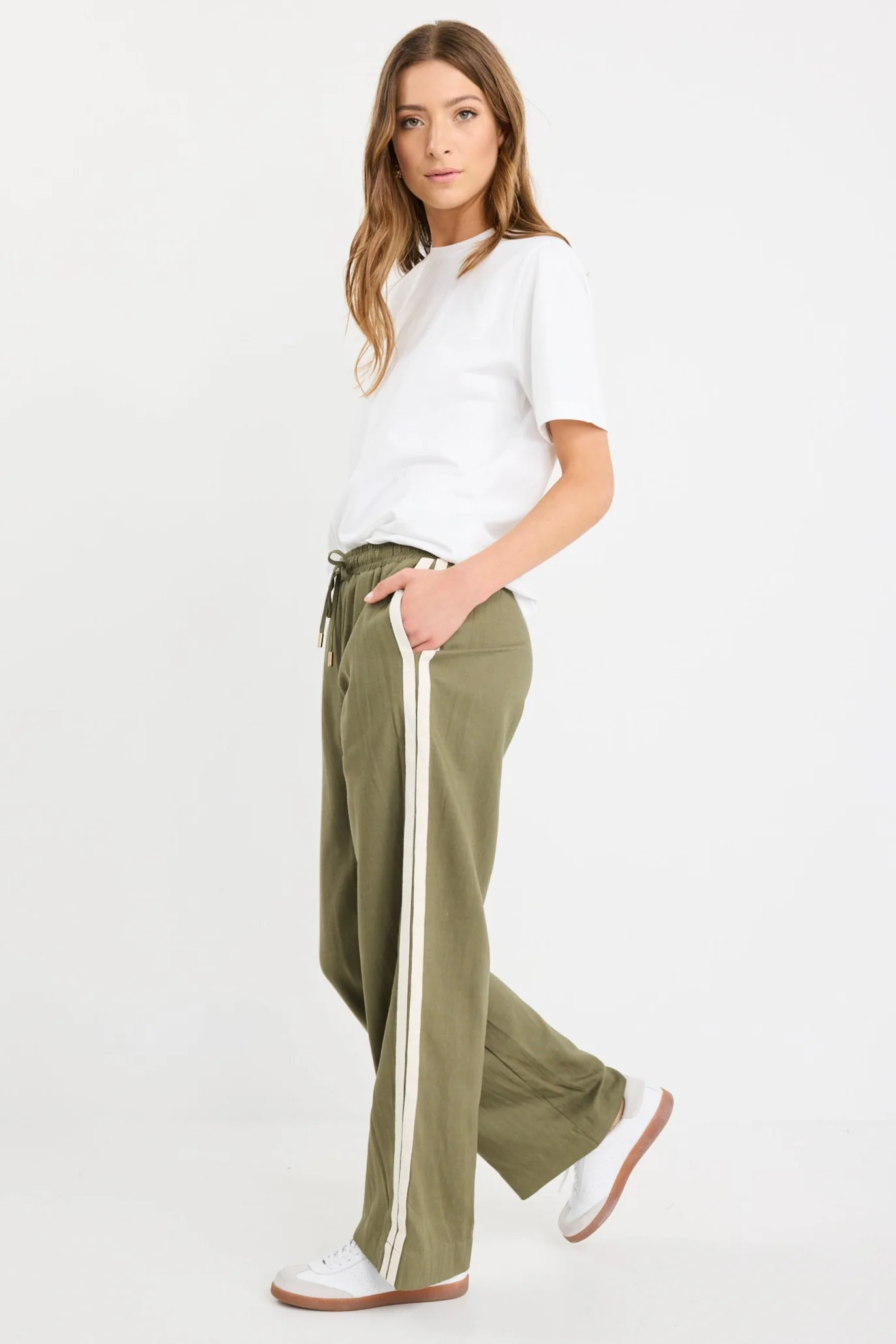 Vibe Khaki Linen Blend Jacquard Stripe Wide Leg Pants - Image 4