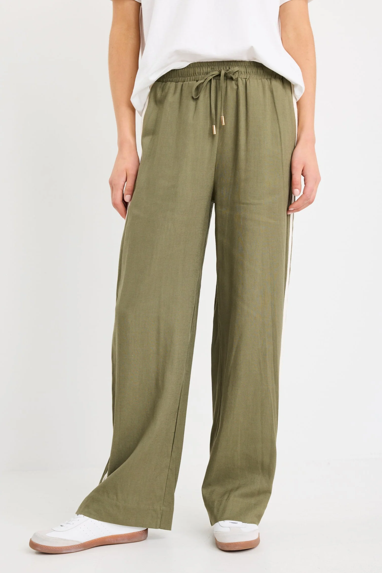 Vibe Khaki Linen Blend Jacquard Stripe Wide Leg Pants - Image 5