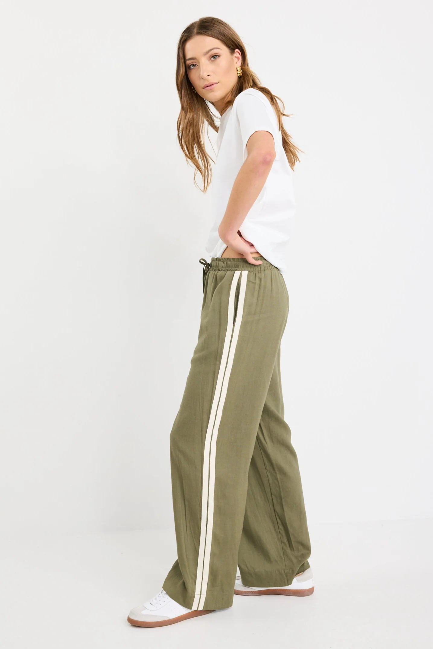 Vibe Khaki Linen Blend Jacquard Stripe Wide Leg Pants - Image 7