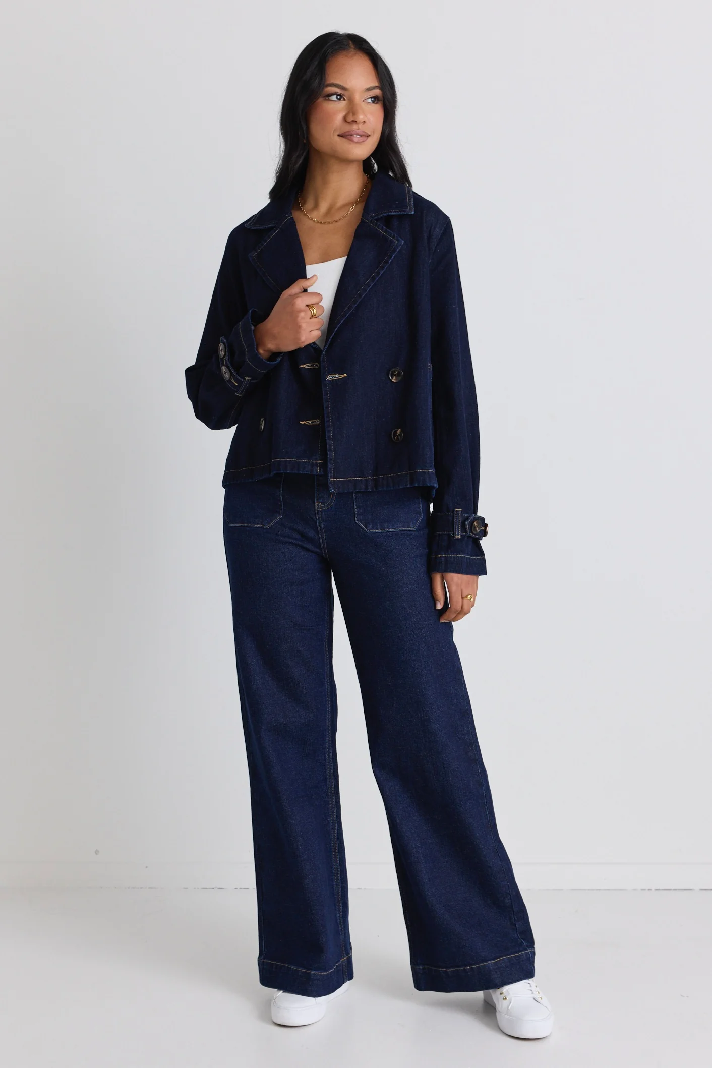 Western Indigo Cropped Denim Trench Coat - Image 6
