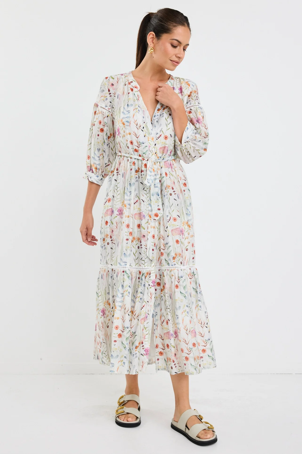 Wisdom Cream Floral Balloon Sleeve Midi Shirt Dress