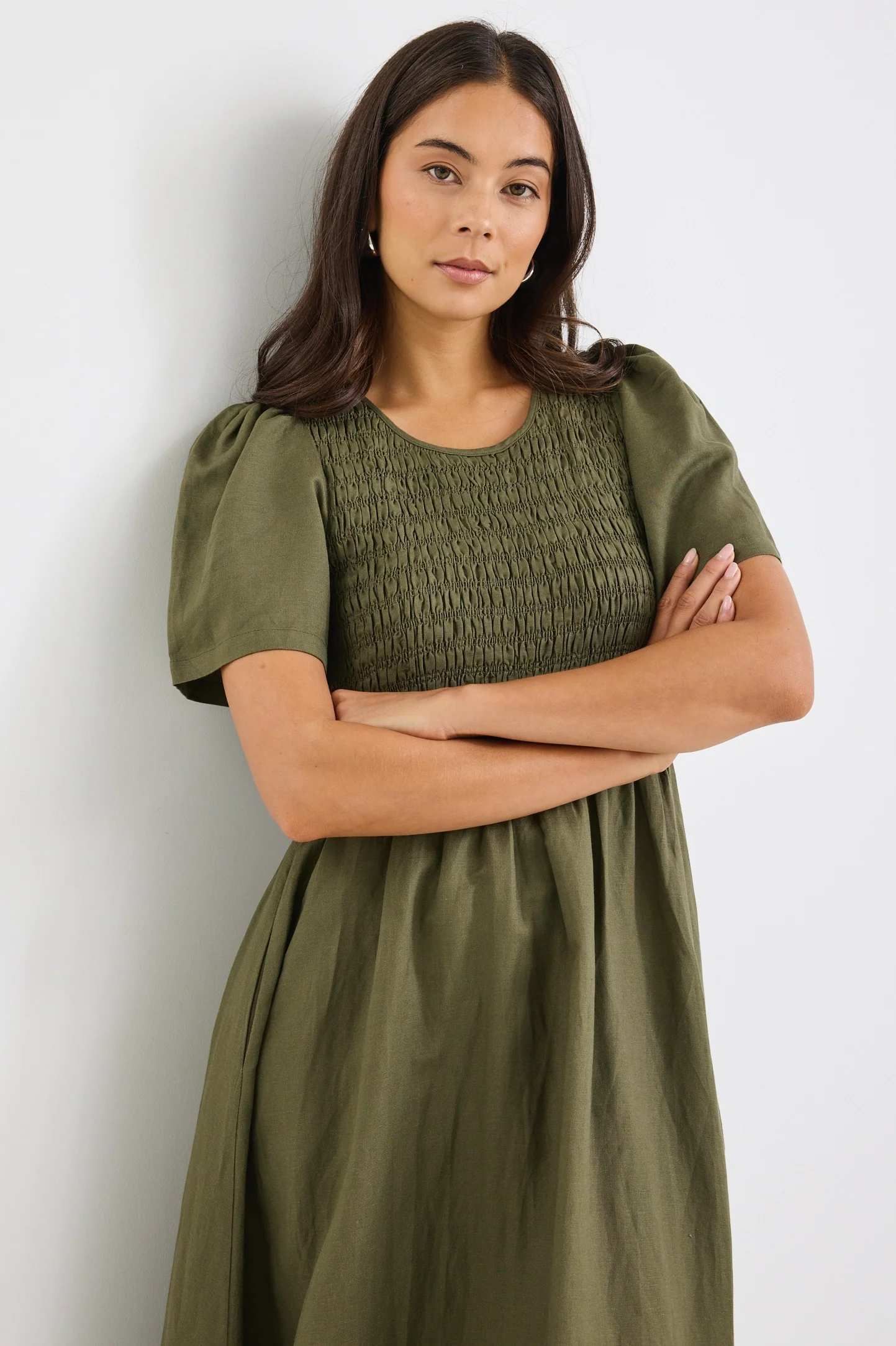 Wren Khaki Linen Blend SS Shirred Bodice Midi Dress - Image 6