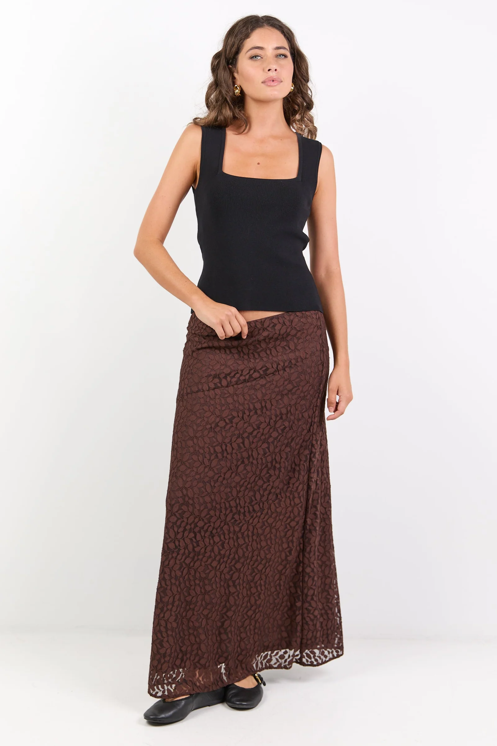Zeus Chocolate Lace Bias Maxi Skirt - Image 2